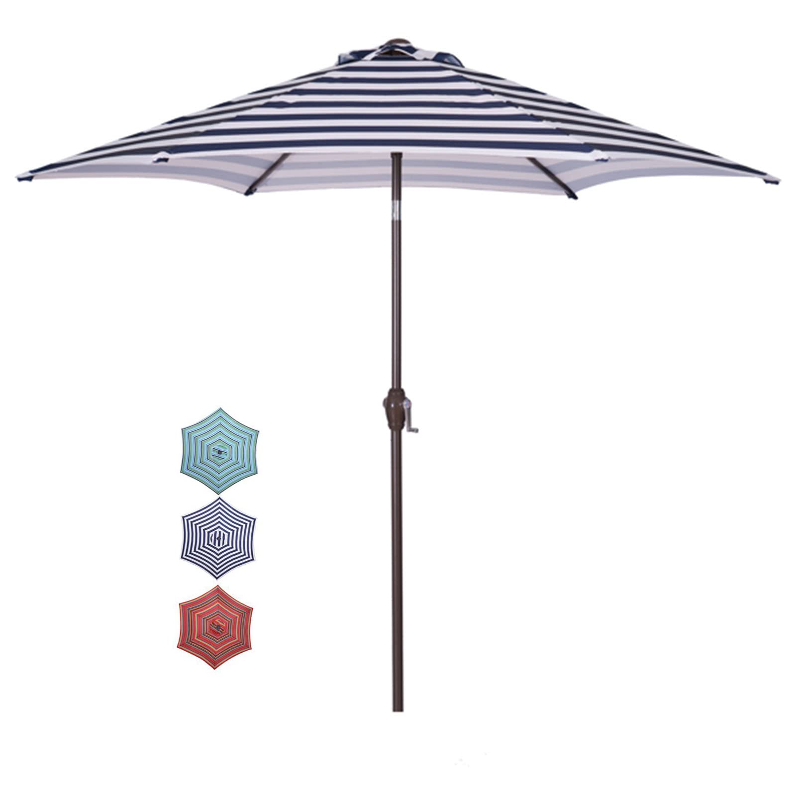 8.6 FT Windproof Beach Umbrella with Push Button Tilt & Crank - Sun Protection Patio Umbrella for Outdoor Market Table, Poolside, Backyard (Blue White Stripes, Base Not Included)
