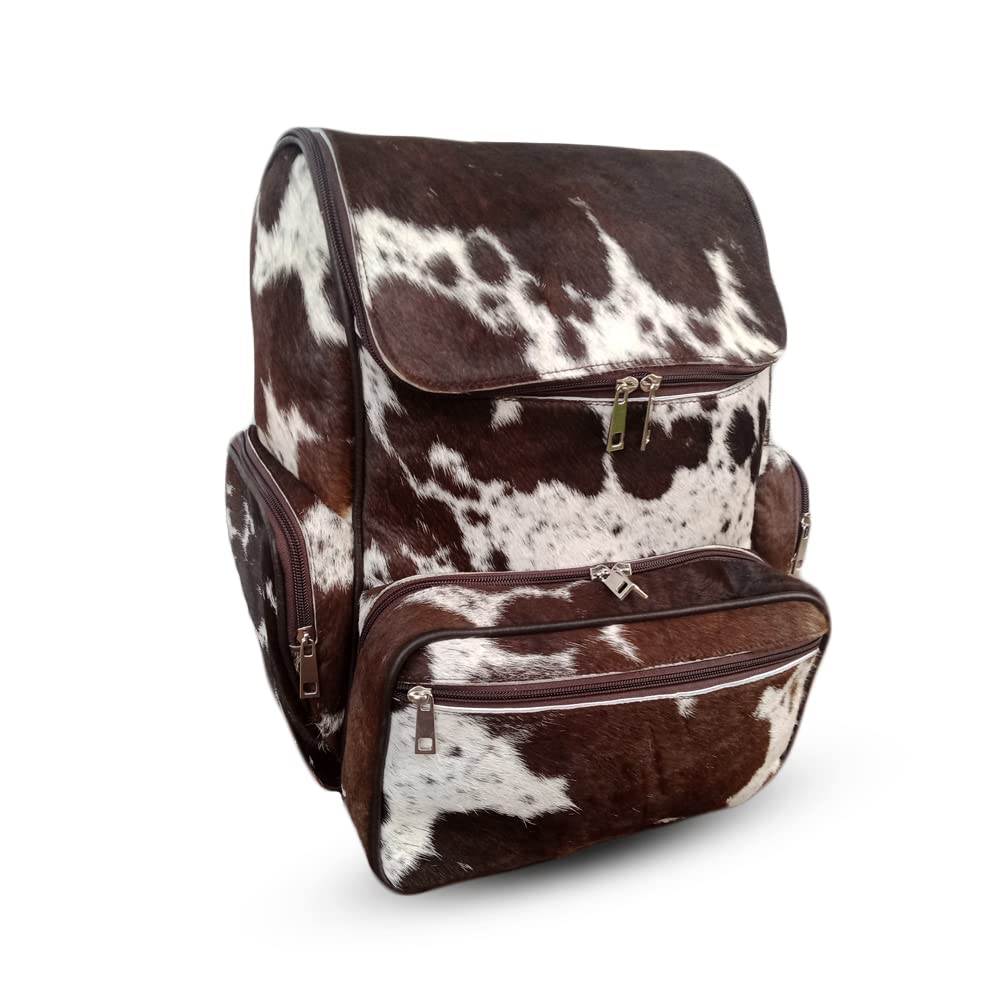 Genuine Cowhide Backpack with Fur Leather | Stylish Diaper Bag, Travel Shoulder Bag & Baby Carrier | Durable Cow Skin Rucksack for Moms & Outdoor Adventures (Tricolor Design) - Perfect for Parenting, Hiking & Daily Commute