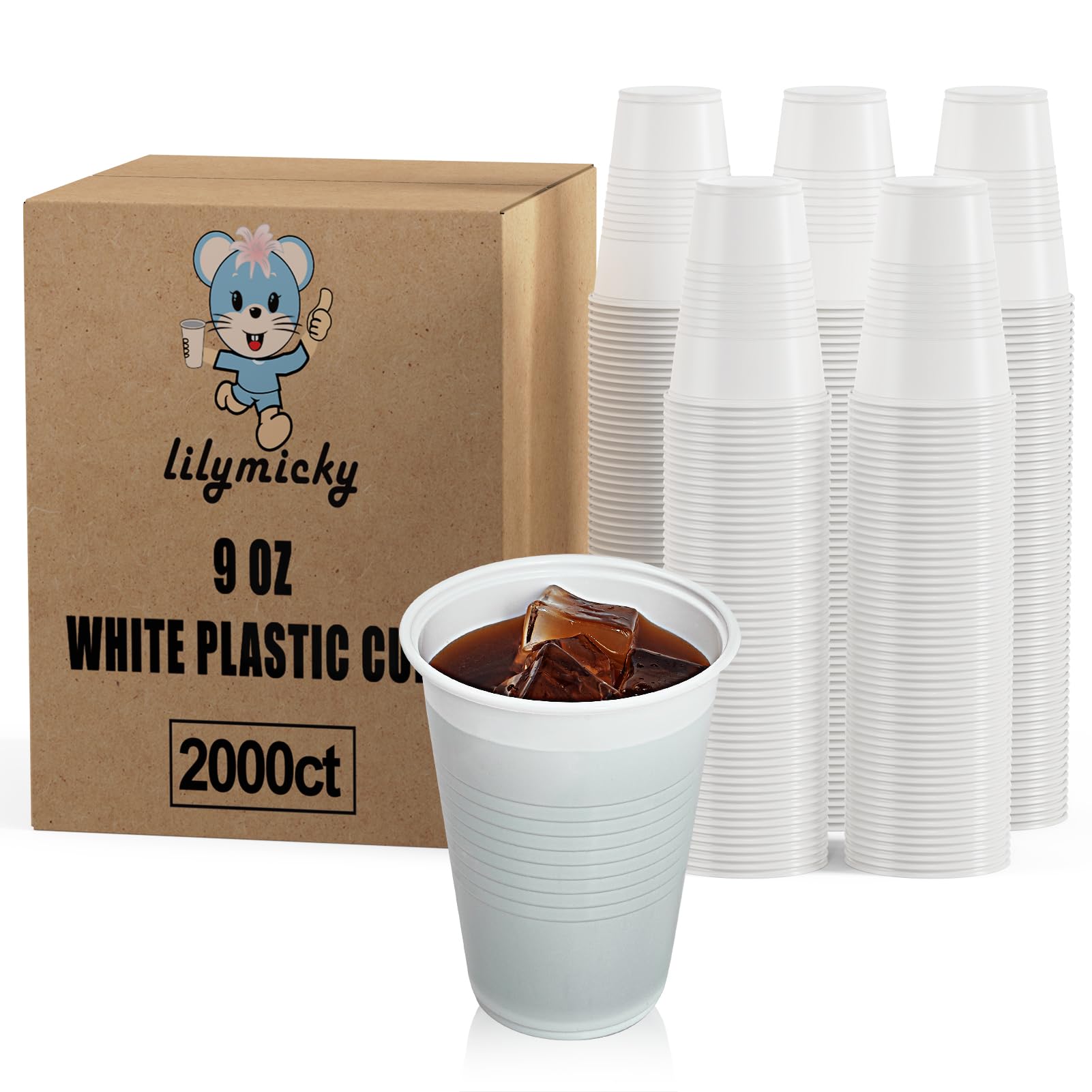 Lilymicky 2000 Pack 9 oz White Plastic Cups - Disposable Drinking Cups for Parties, Picnics, Events | Bulk Pack of 9 Ounce Cups for Birthday Celebrations, BBQs, Office Use & Family Gatherings