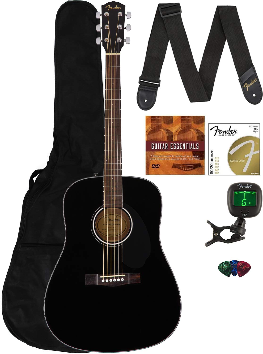 Fender CD-60S Solid Top Dreadnought Acoustic Guitar Bundle - Black with Gig Bag, Tuner, Strap, Strings, Picks & Accessories | Perfect for Beginners, Live Performances & Home Practice