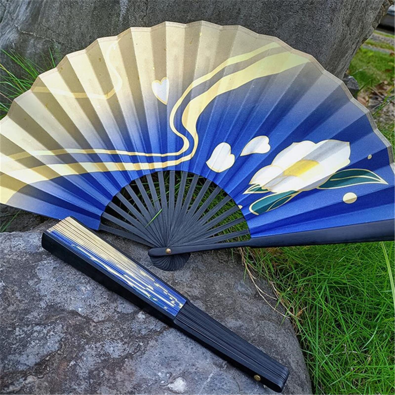 AwwwCos Kamisato Ayaka Folding Fan - Double-Sided Cloth Hand Fan for Cosplay, Anime Convention, Genshin Impact Costume Accessory - Perfect for Themed Parties, Photo Shoots & Japanese Culture Events