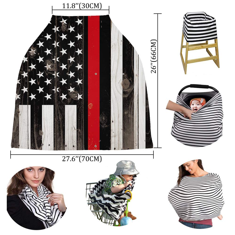 Breastfeeding Nursing Cover - Multi-Use Baby Car Seat Canopy with USA Flag & Thin Red Line Firefighter Design - Stretchy, Breathable Scarf Shawl for Strollers, High Chairs & Shopping Carts - Perfect for Boys & Girls - Ideal for Outdoor Nursing, Shopping & Travel