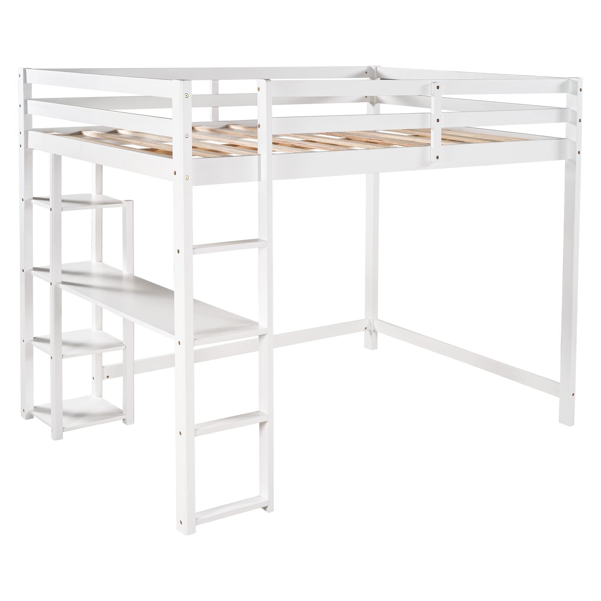 SOFTSEA Full Size Loft Bed with Storage Shelves & Under Bed Desk - Solid Wood Space Saving Bed Frame for Kids, Teens & Juniors - Perfect for Small Bedrooms, Dorms & Studio Apartments (White)