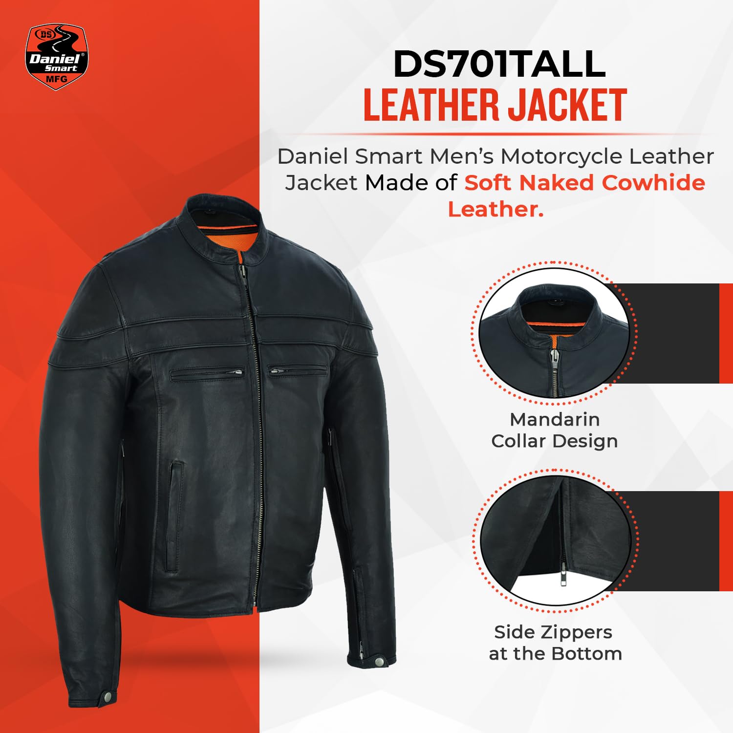 Daniel Smart Men's Leather Motorcycle Jacket - Sporty Biker Jacket with Stripe Detailing & Concealed Armory Pockets - Perfect for Riding, Casual Wear & Outdoor Adventures
