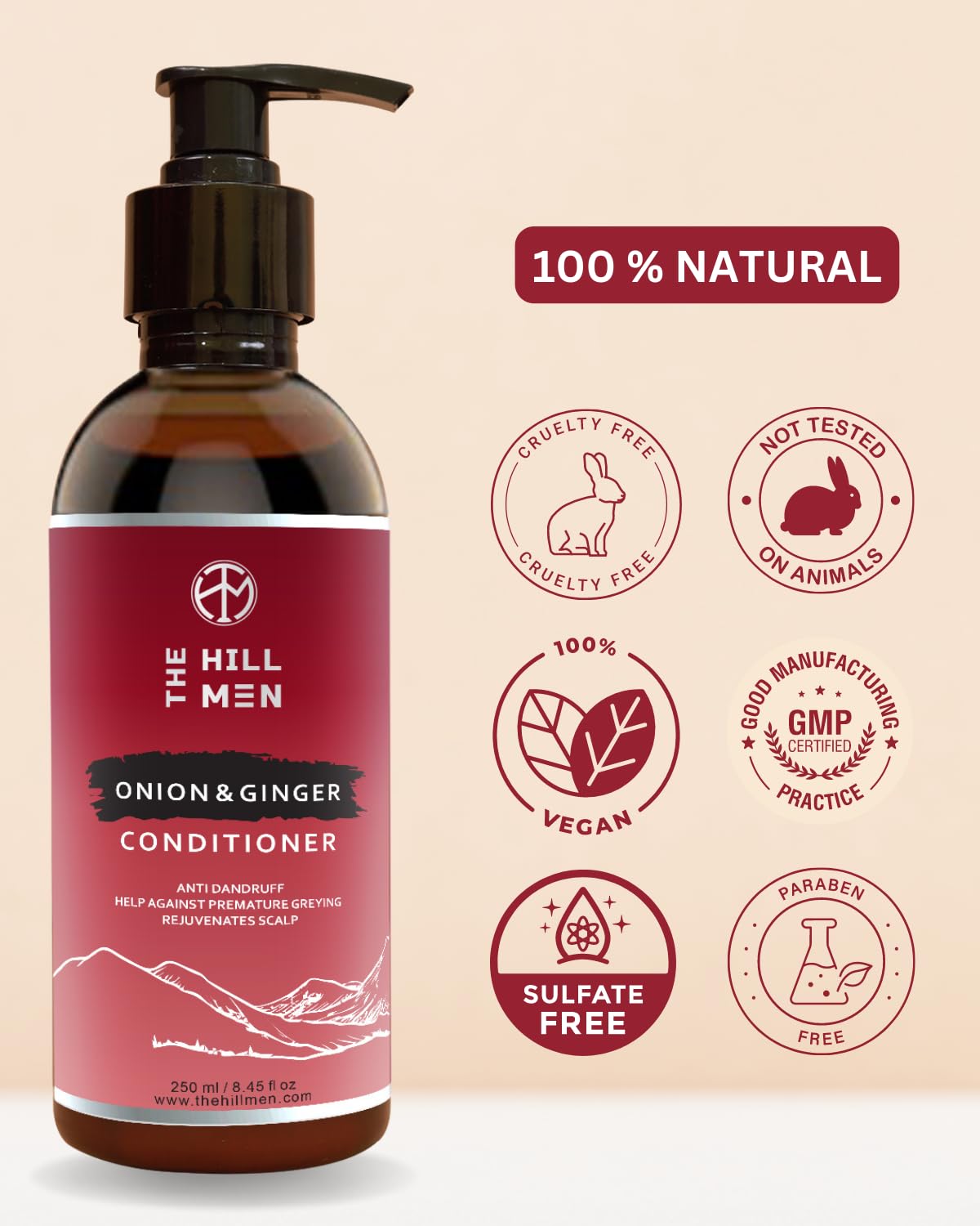 The Hill Men Onion & Ginger Hair Conditioner – Sulfate & Paraben Free, 250ml | Natural Hair Growth Treatment for Men | Frizz Control, Smoothing & Shine Booster | Strengthens & Repairs Damaged Hair | Alcohol-Free & Chemical-Free Formula | Ideal for Daily Use & Dry/Damaged Hair Care
