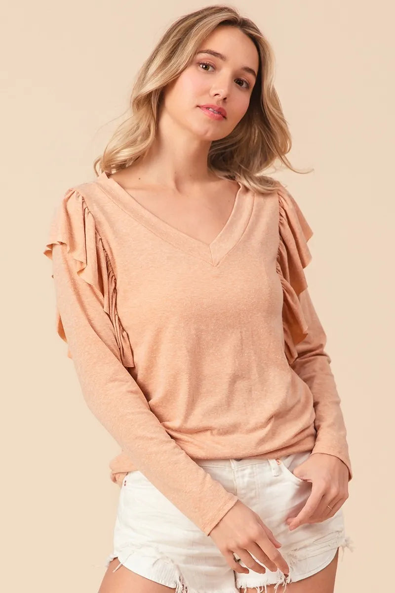 BiBi Triblend V Neck Women's T-Shirt with Shoulder Shirring Detail - Comfortable Casual Top for Everyday Wear, Work & Weekend Outfits