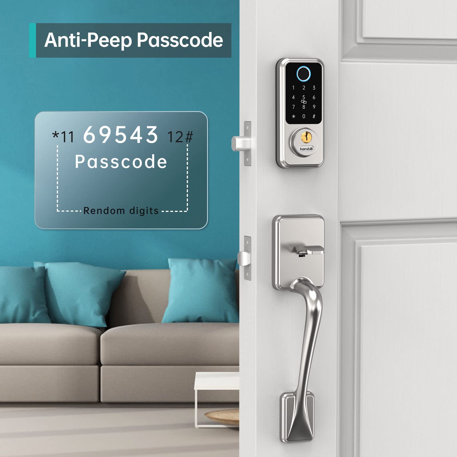 Hornbill Biometric Fingerprint Smart Lock with Front Door Handle Set - Keyless Entry Smart Door Lock with Keypad & Bluetooth - 8-in-1 Smart Deadbolt for Home Security - Auto Lock Digital Smart Door Lock for Front Door, Apartment & Office Access