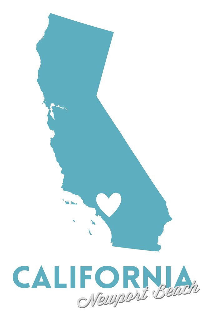 California Newport Beach State Outline Heart Art Print - 24x36 Signed Wall Decor Poster for Home, Office & Gift Ideas