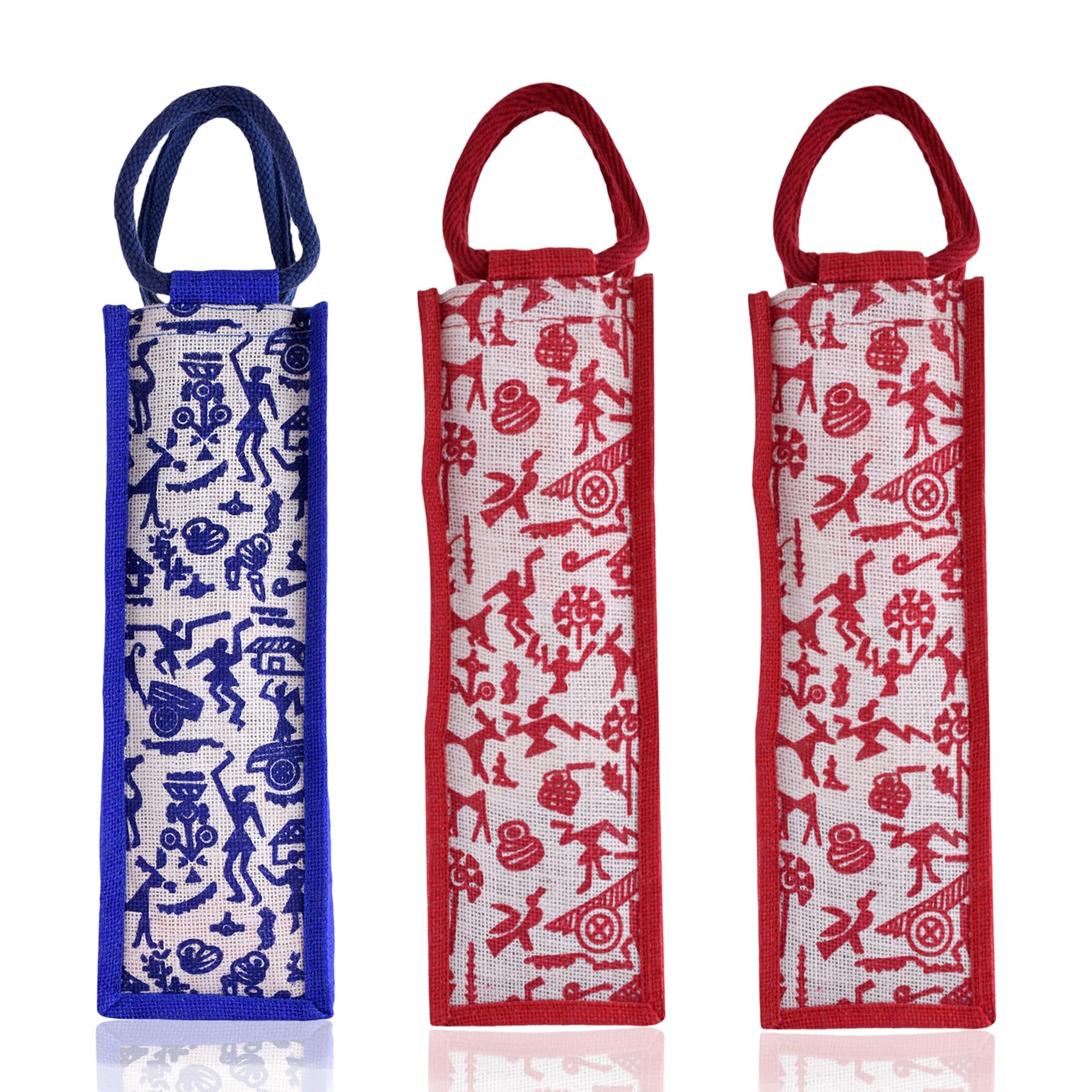 Kuber Industries Reusable Jute Bottle Bag with Handle - Eco-Friendly Wine & Water Bottle Cover for Office, Picnic, Travel - Warli-Print Gift Set of 3 (Multi-Color)