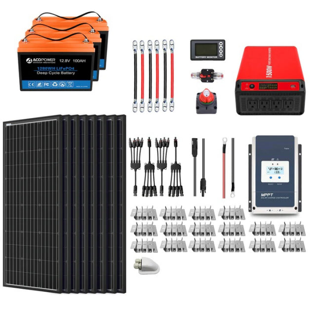Acopower 100W Monocrystalline Solar Panel with 600Ah/3kW LiFePO4 Battery (3x200Ah) - Perfect for Off-Grid Power, RV, Camping, and Emergency Backup