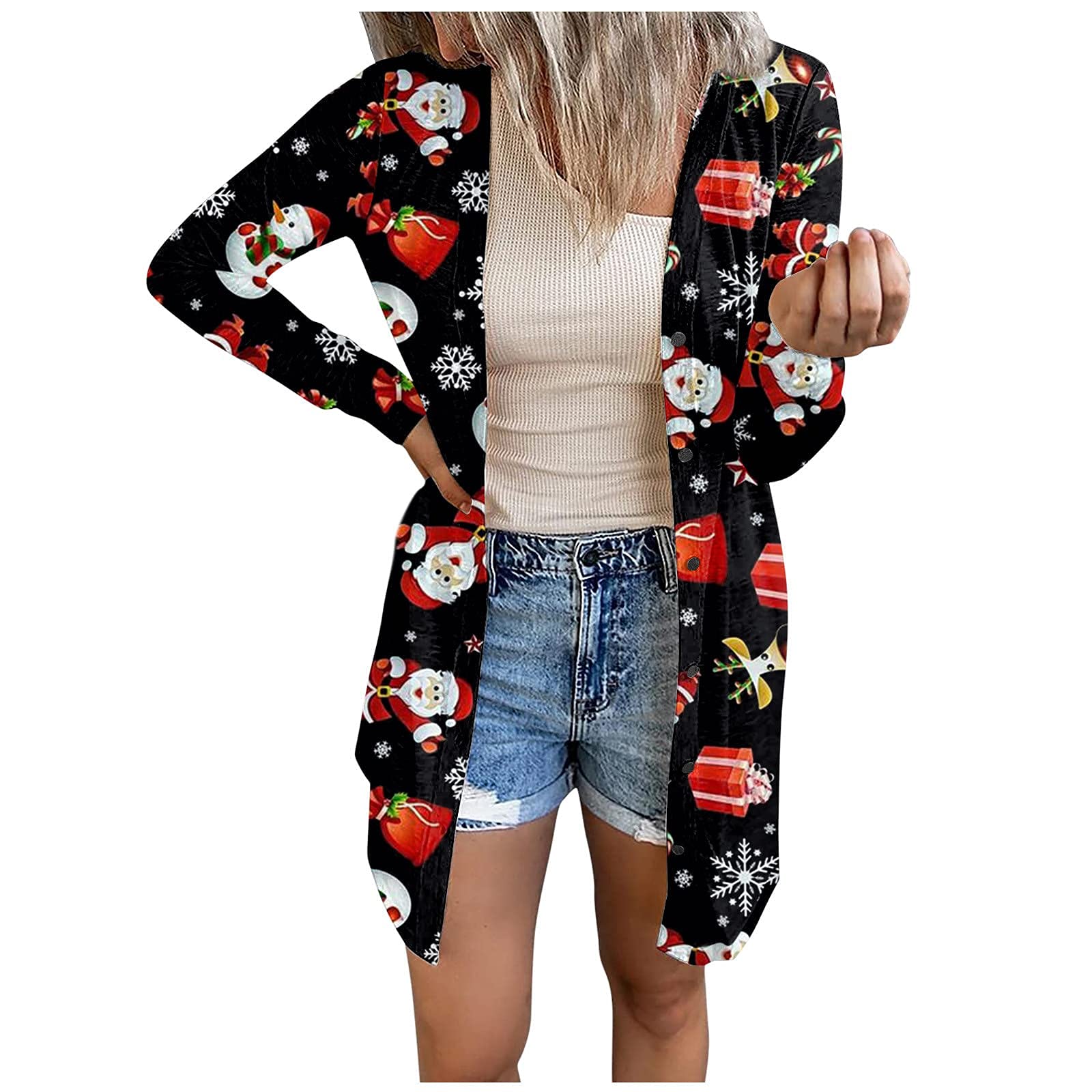 Women's Lightweight Long Sleeve Christmas Cardigan - Casual Loose Fit Blouse with Snowman Print for Holiday Parties & Winter Outfits
