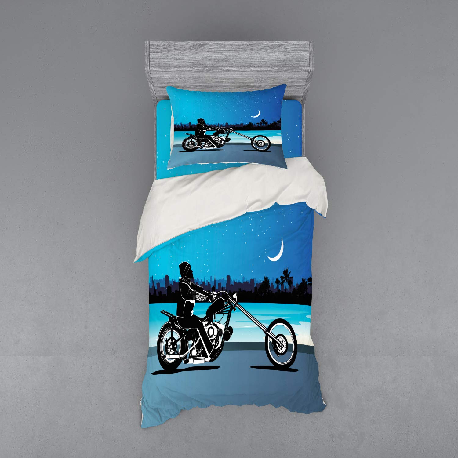 Ambesonne Motorcycle Duvet Cover Set - 3 Piece Twin Size Chopper Motorcycle Biker Design with Starry Night Sky Cityscape Silhouette - Black Navy Bedding Set for Biker Enthusiasts - Perfect for Motorcycle Themed Bedrooms and Gift for Biker Lovers