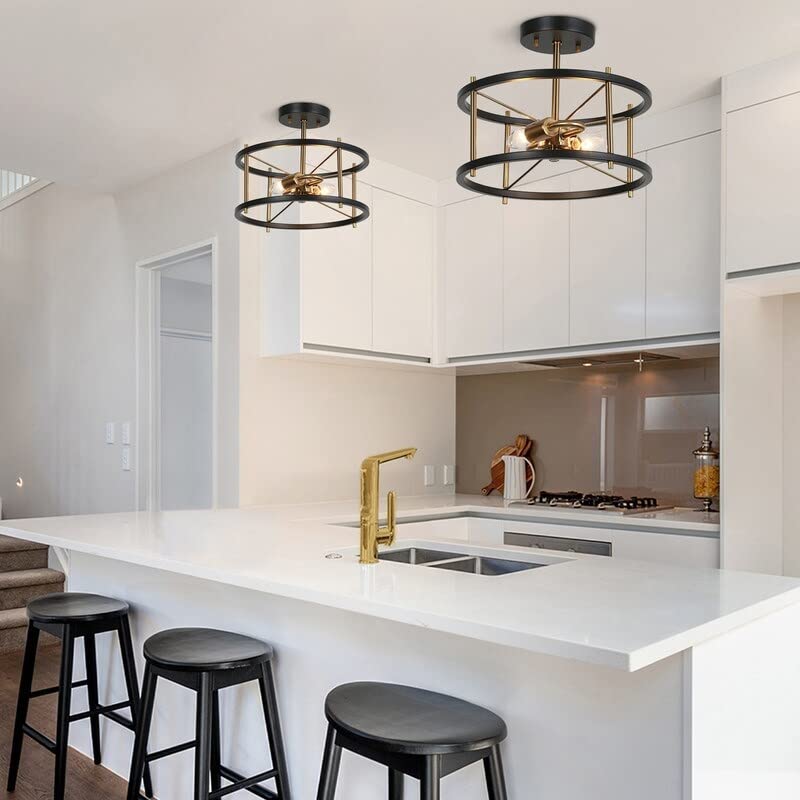 Modern 2-Light Black Gold Metal Drum Semi-Flush Mount Ceiling Light Fixture - 12