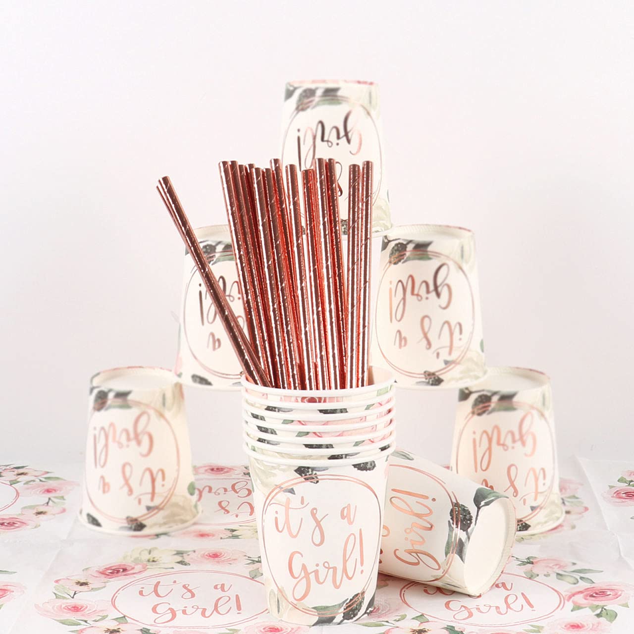Rose Gold Foil 'It's a Girl' Party Plates Set - 24 Dinner Plates, Dessert Plates, 9oz Cups, Gold Straws & Napkins for Baby Shower & Birthday Decorations | Perfect for Gender Reveal, Bridal Showers & Celebration Parties