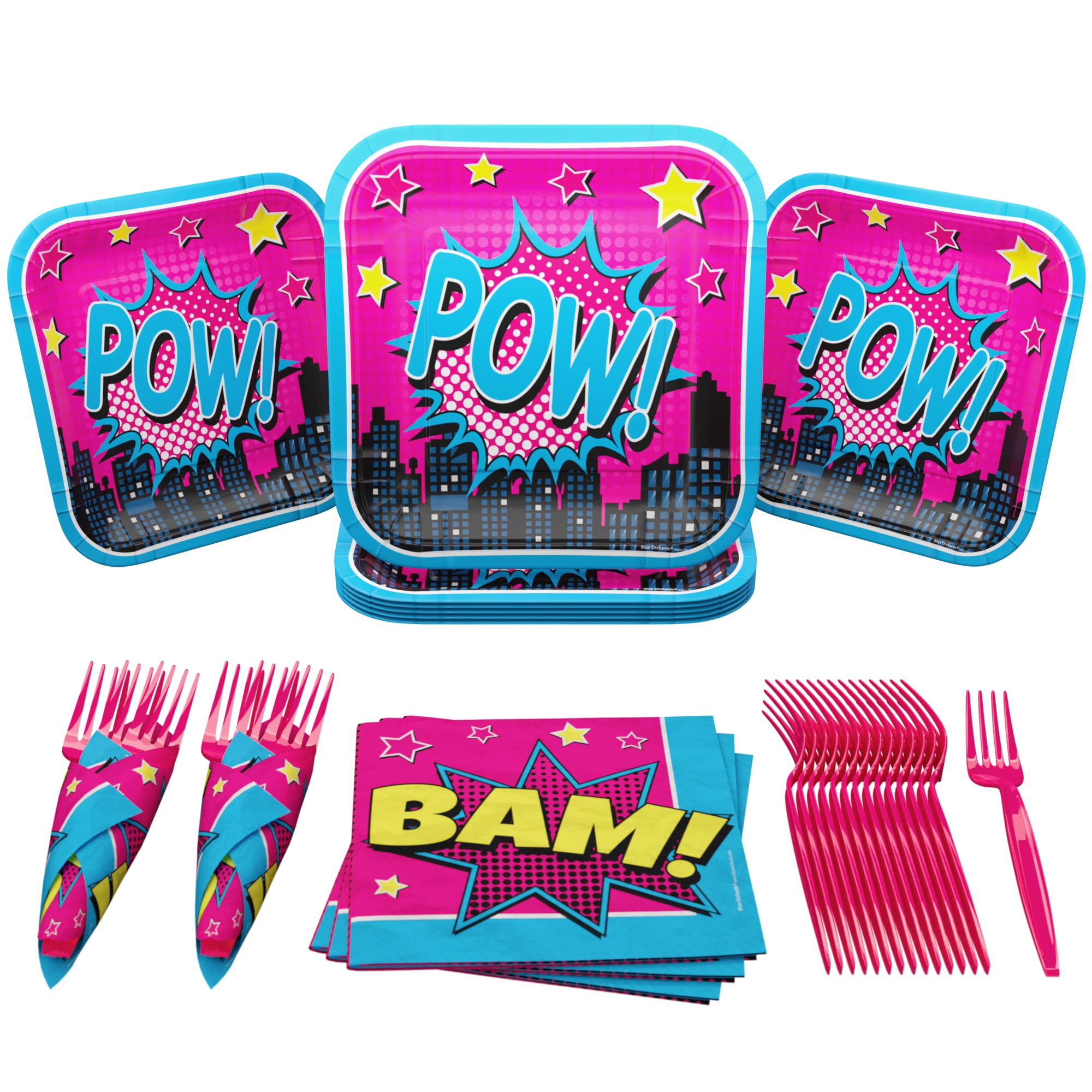 Blue Orchards Superhero Girl Party Supplies Set - 60-Piece Decorations for 16 Guests | Super Girl Birthday Party Plates, Napkins & Decor | Superhero Themed Party Essentials for Kids' Birthday Celebrations & Special Events