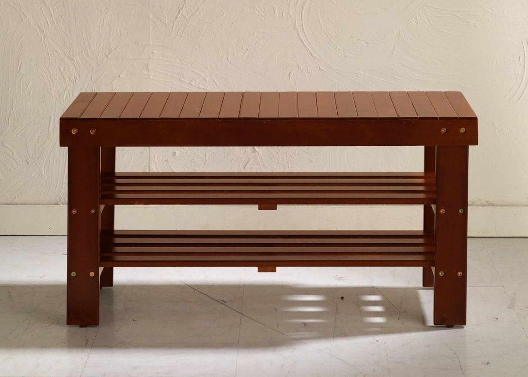 Roundhill Furniture Pina Solid Wood Shoe Bench with Storage - Cherry Finish - Entryway Organizer for Hallway, Bedroom & Mudroom