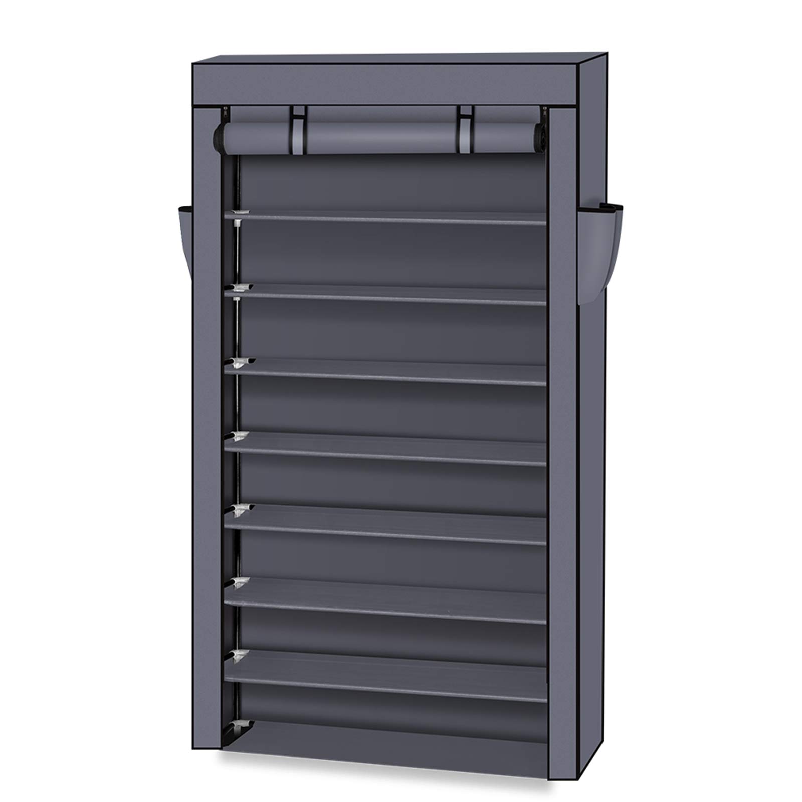 10-Tier Non-Woven Fabric Shoe Rack with Dustproof Cover & Side Pockets - Space Saving Shoe Storage Organizer for Closet, Bedroom, Garage - Dark Grey - Perfect for Small Spaces & Shoe Collection Organization