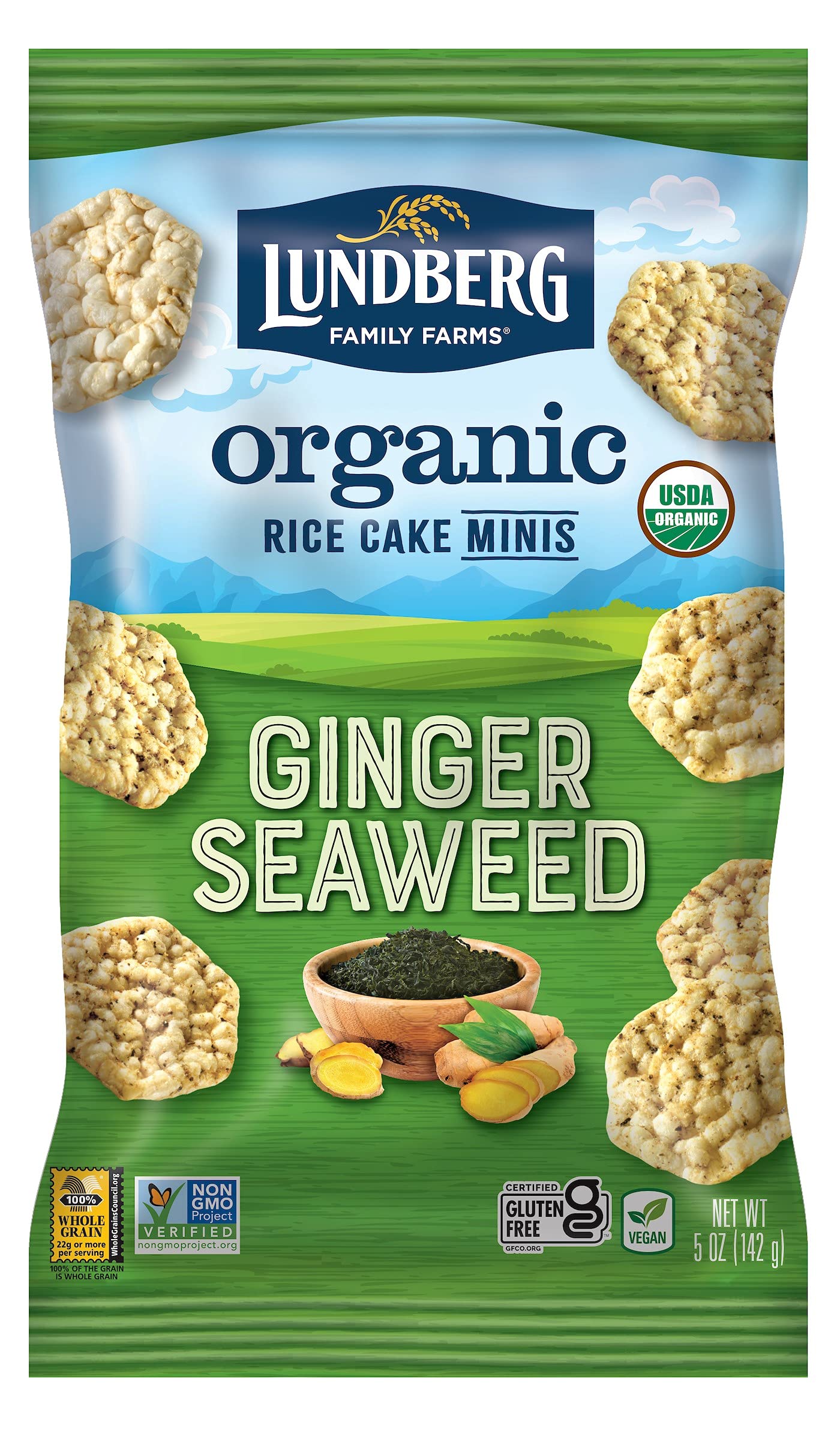 Lundberg Organic Ginger Seaweed Rice Cake Minis, 5oz - Gluten-Free, Vegan, Whole Grain Snacks - USDA Certified Organic & Non-GMO Project Verified - Perfect for Healthy On-the-Go Snacking, Lunchboxes & Keto Diet