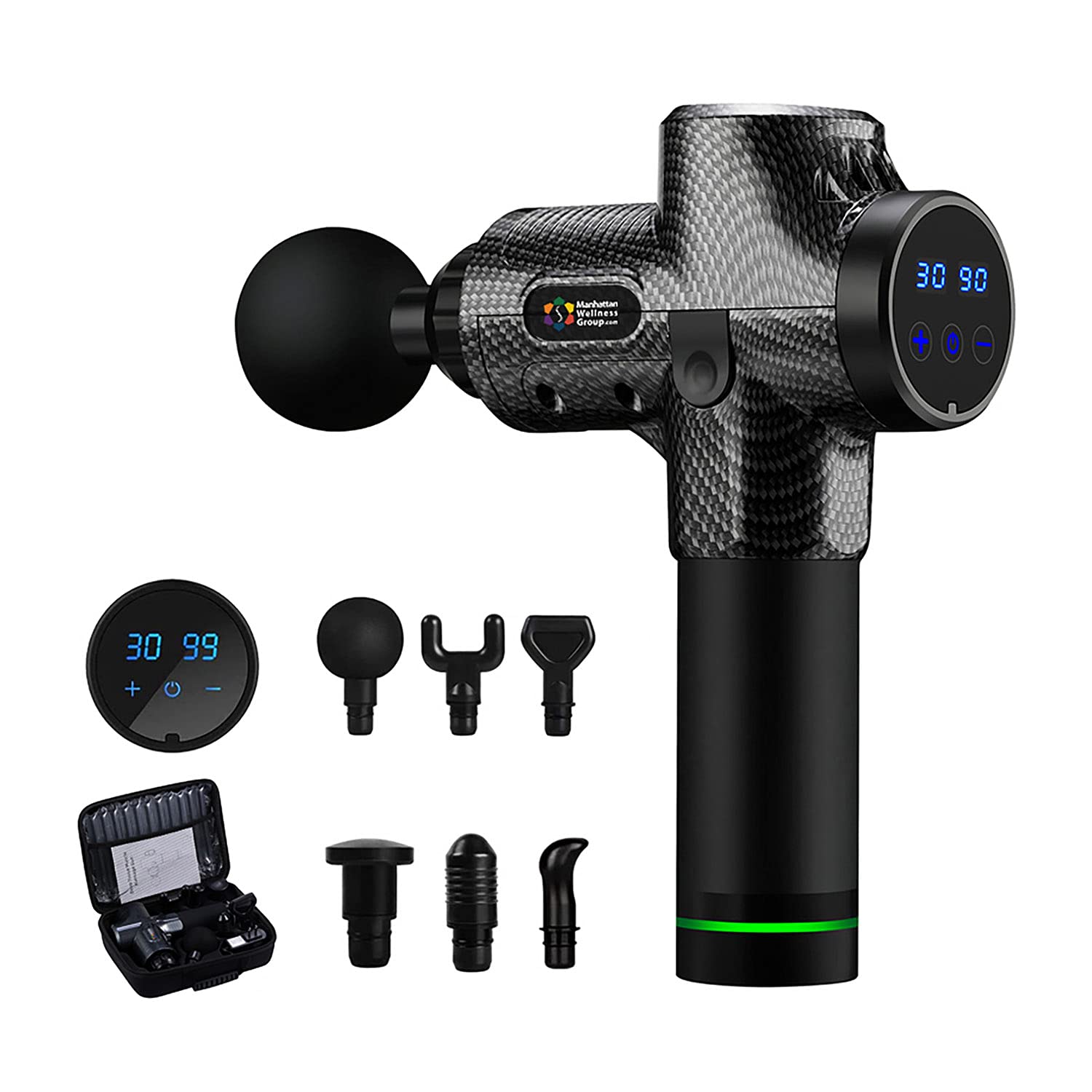 Manhattan Wellness Group Deep Tissue Massage Gun - Cordless, Rechargeable with LCD Touch Screen, 6 Interchangeable Heads & 30 Speed Levels for Muscle Pain Relief | Perfect for Athletes, Gym Recovery & Home Use | Carbon Fiber Design