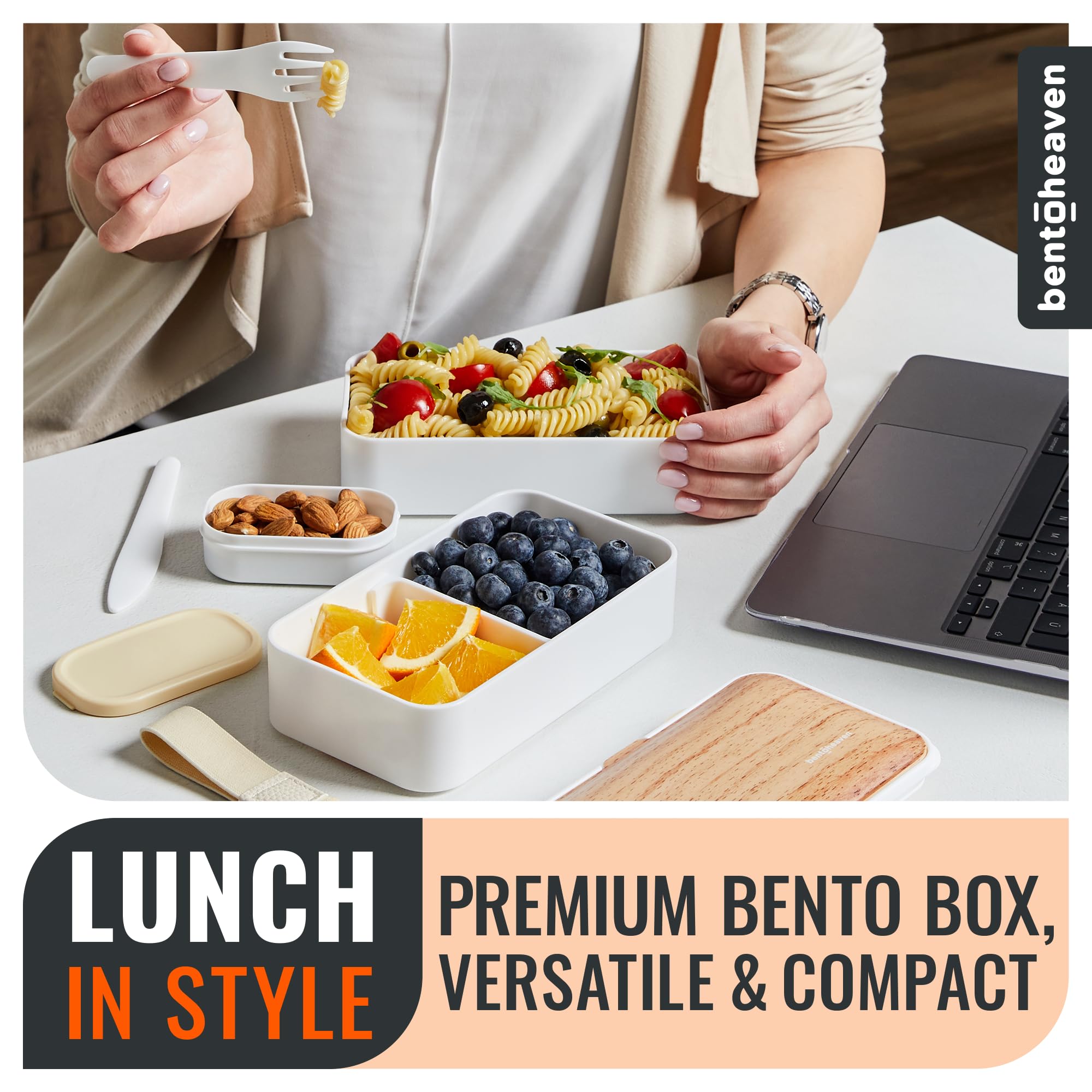 Premium Bento Box for Adults - Japanese Style Lunch Box with Compartments, Utensil Set, Chopsticks & Dip Container - Microwave Safe for Women & Men - Cute Bento Box for Kids - Ideal for Office, School & Picnics (Bright Light)
