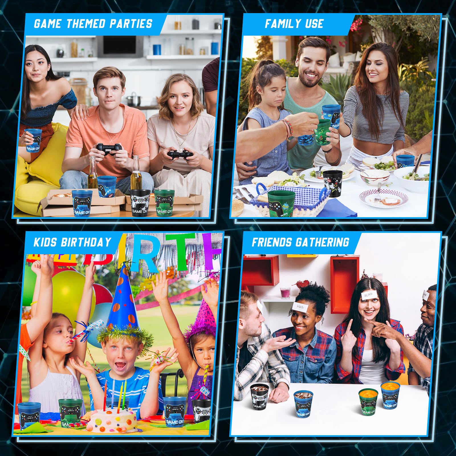 Tanlade 50-Pack 16oz Reusable Plastic Video Game Themed Cups - Blue Gaming Party Supplies for Birthday Decorations & Gamer Favors | Perfect for Game Nights, LAN Parties & Esports Events