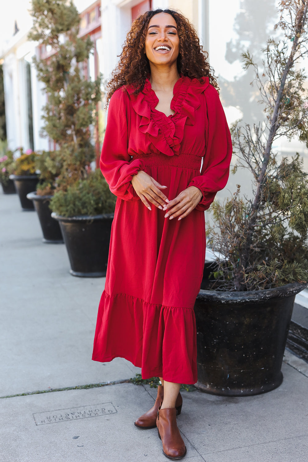 Elegant Holiday Red Overlap Ruffle V-Neck Midi Dress for Women | Christmas Party, Cocktail Event & Special Occasion Outfit