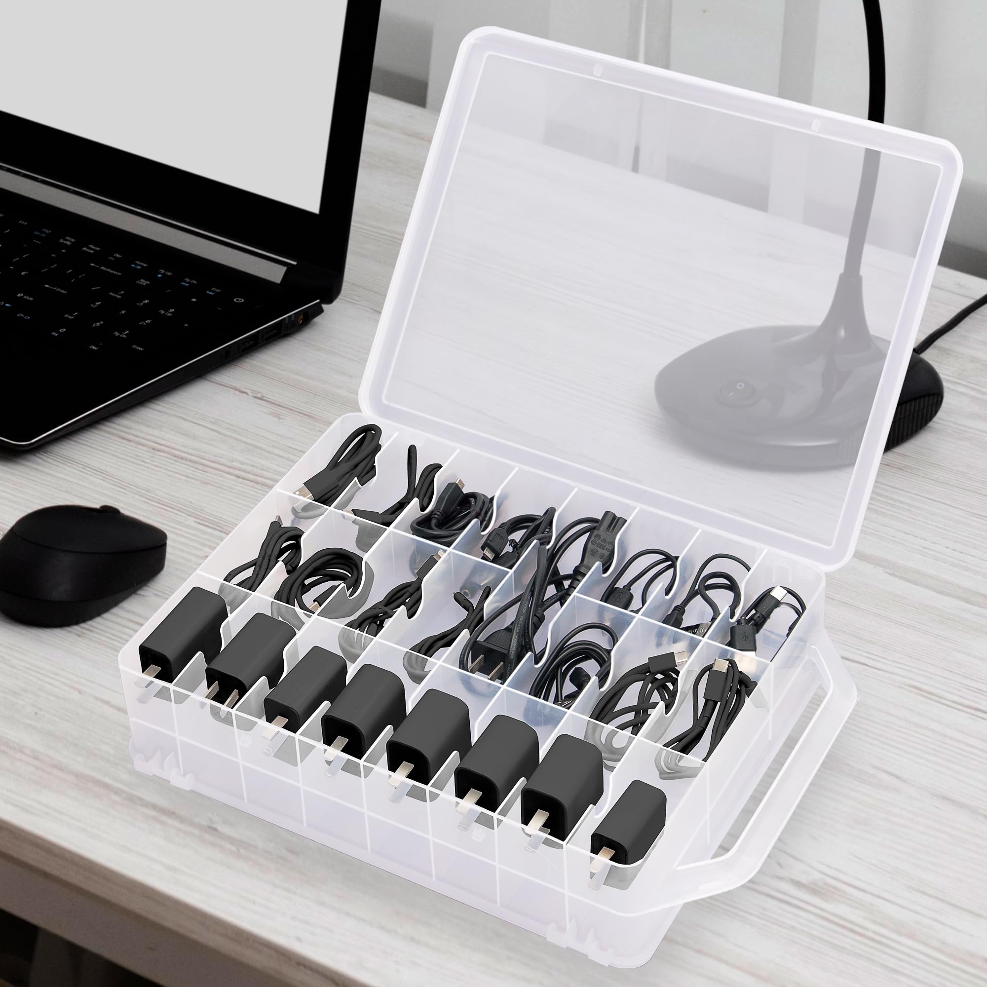 Double Sided Cable Organizer Box with Handle & Lid - 46 Compartments Clear Charging Station for Cables & Chargers - Perfect for Home Office, Travel & Electronics Storage