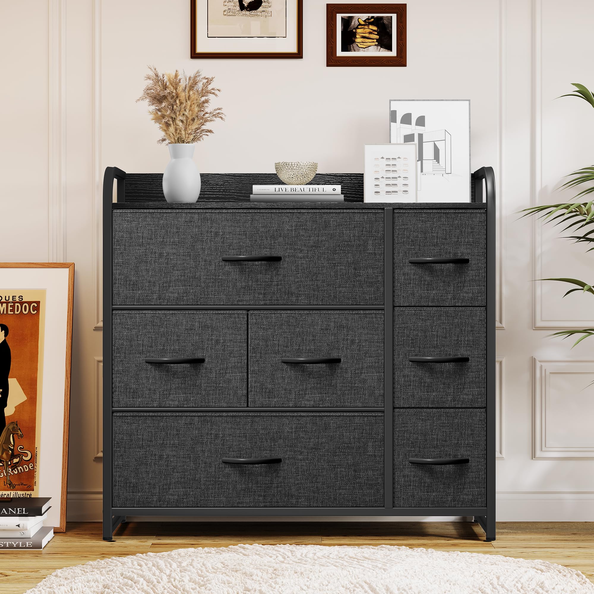 YITAHOME 7-Drawer Fabric Dresser with Large Capacity - Sturdy Steel Frame & Wooden Top Storage Tower for Living Room, Bedroom, Closet - Easy Pull Fabric Bins (Black/Grey) - Perfect for Organizing Clothes, Toys & Home Essentials