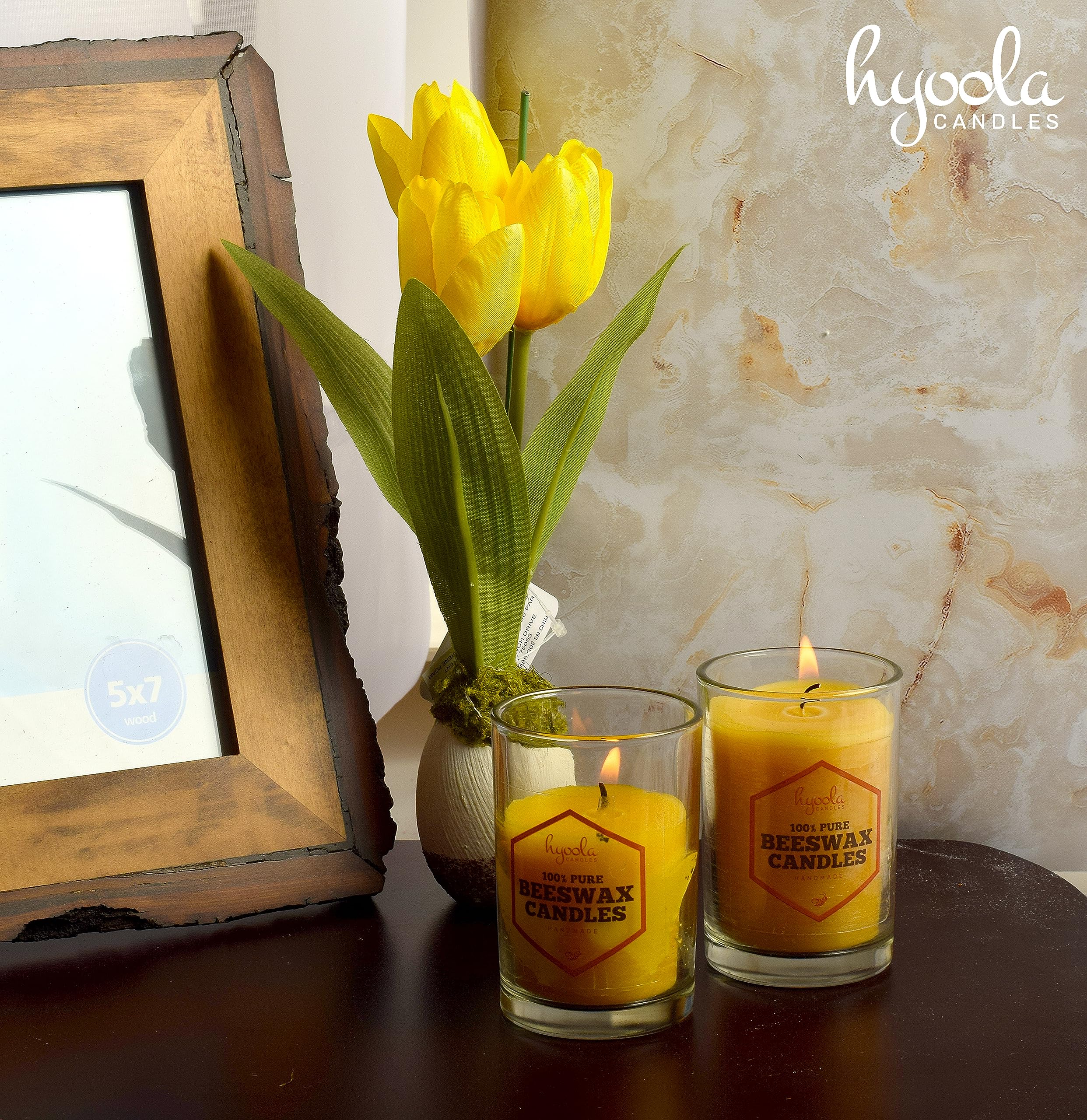 Hyoola 100% Pure Beeswax Votive Candles 6 Pack - Unscented Natural Handmade Golden Yellow Candles for Home Decor, Wedding, Spa & Meditation - 30 Hour Burn Time
