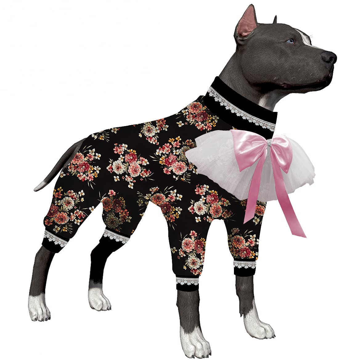 LovinPet Dog Recovery Suit - UV Protection & Anxiety Relief Dog Pajamas, Large 4-Leg Jumpsuit with Elastic Floral Prints (Black/Pink) - Perfect for Post-Surgery Care, Outdoor Sun Protection & Stress Relief for Big Dogs