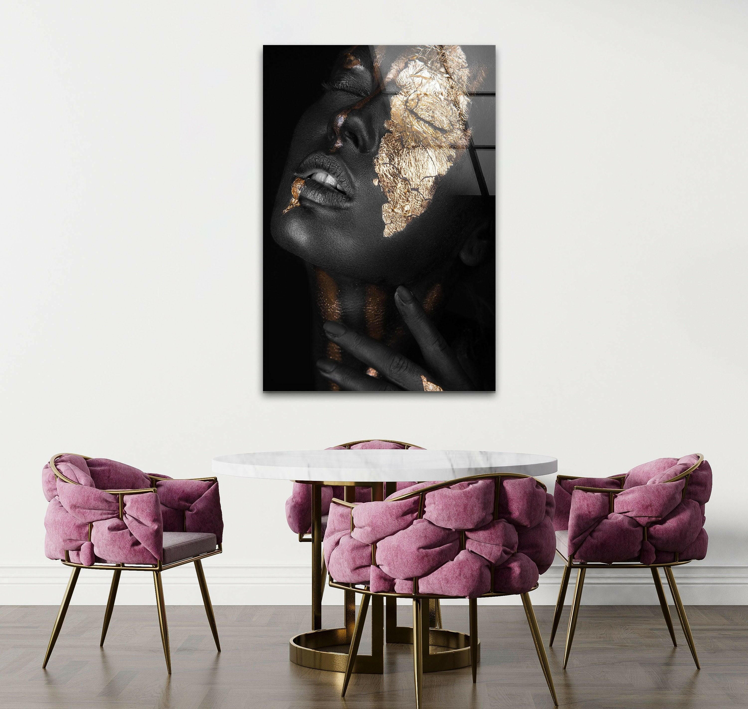 Elegant Black Woman Gold Glass Wall Art - Modern Home Decor for Living Room, Bedroom & Office