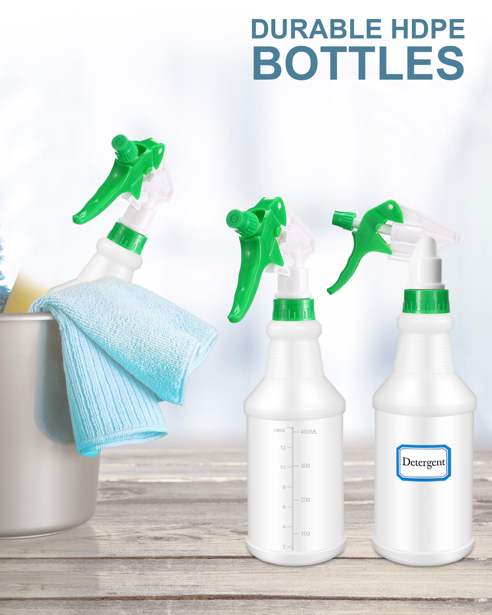 Eccliy 20 Pack 16 Oz Empty Spray Bottles - Leak Proof with Measurements & Adjustable Nozzle - Round Green & Blue Cleaning Bottles for Home, Kitchen, Bathroom, and Commercial Use