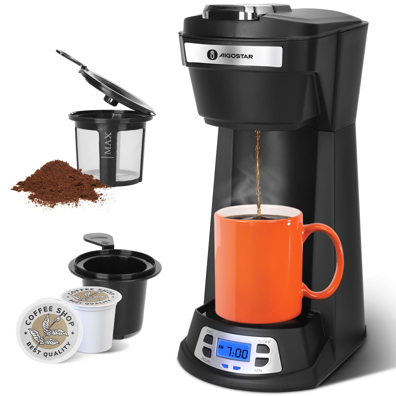 Aigostar Single Serve Coffee Maker for K-Cup & Ground Coffee - 24H Programmable Timer, 6-14 Oz Brew Size, Fast Brewing Capsule Machine with Self-Cleaning Function, Fits Travel Mugs - Perfect for Home, Office & Dorm Use