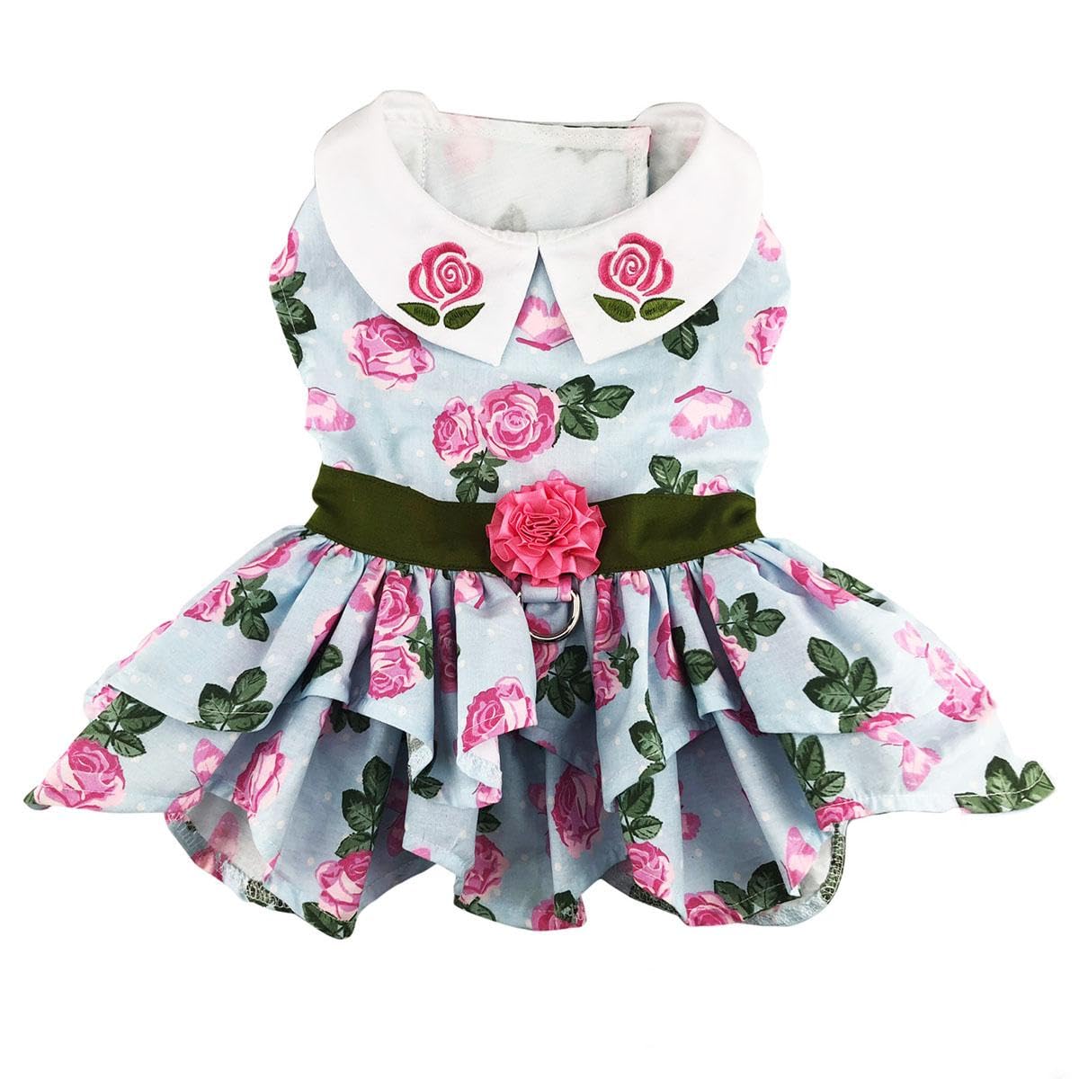 Pink Rose Dog Harness Dress with Matching Leash - Small Size Pet Costume for Small Dogs | Perfect for Valentine's Day, Birthday Parties & Photo Shoots
