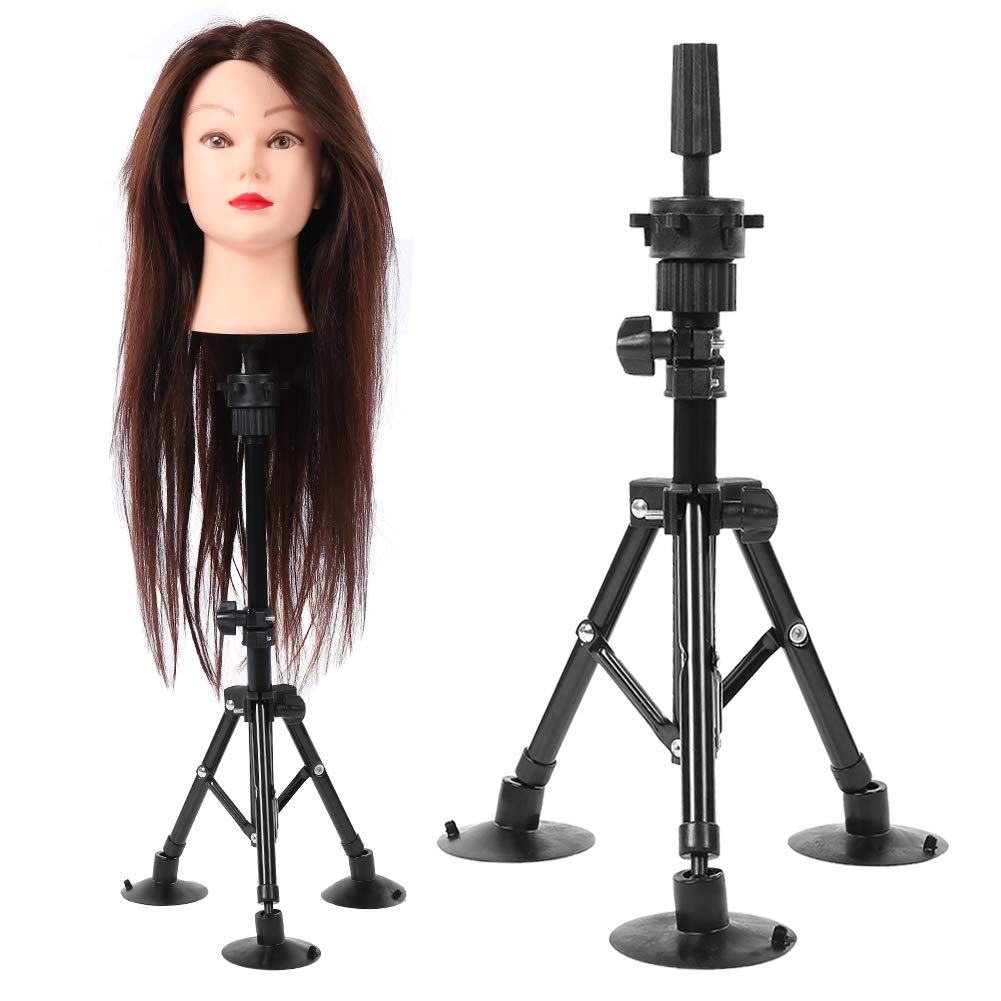 Black Wig Head Stand Mannequin Tripod with Suction Cup - Professional Hairdressing Training Tool for Styling, Cutting & Washing Wigs