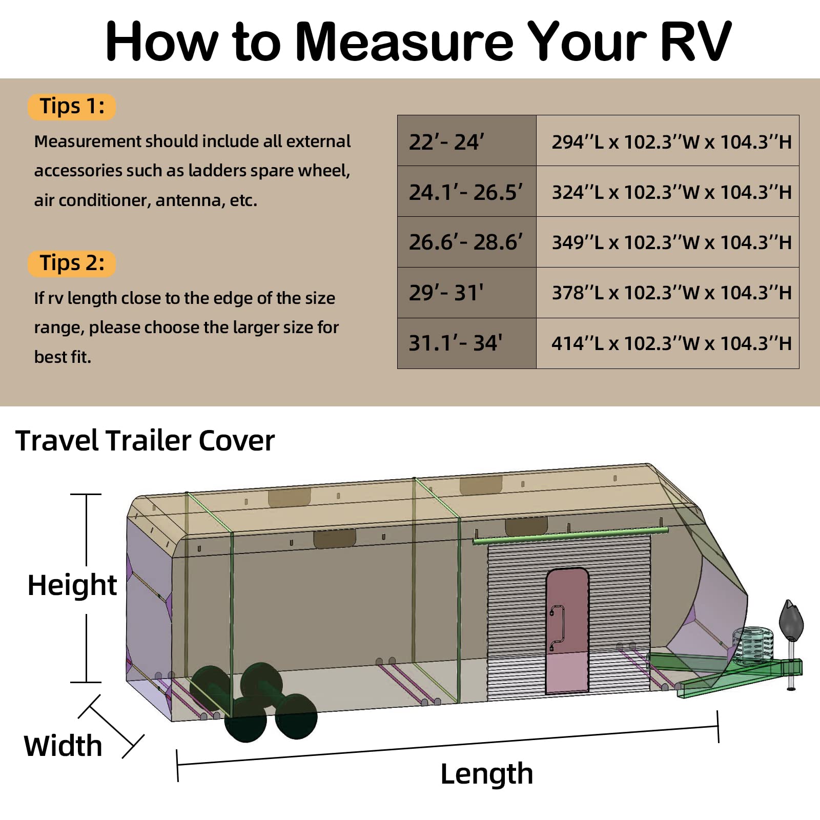 Heavy Duty 28 ft RV Travel Trailer Cover - 7 Layer Windproof, Waterproof, UV Resistant Camper Cover with Adhesive Repair Patches (Beige) - Perfect for Truck Campers 26' to 28' - Ideal for Outdoor Storage & Winter Protection