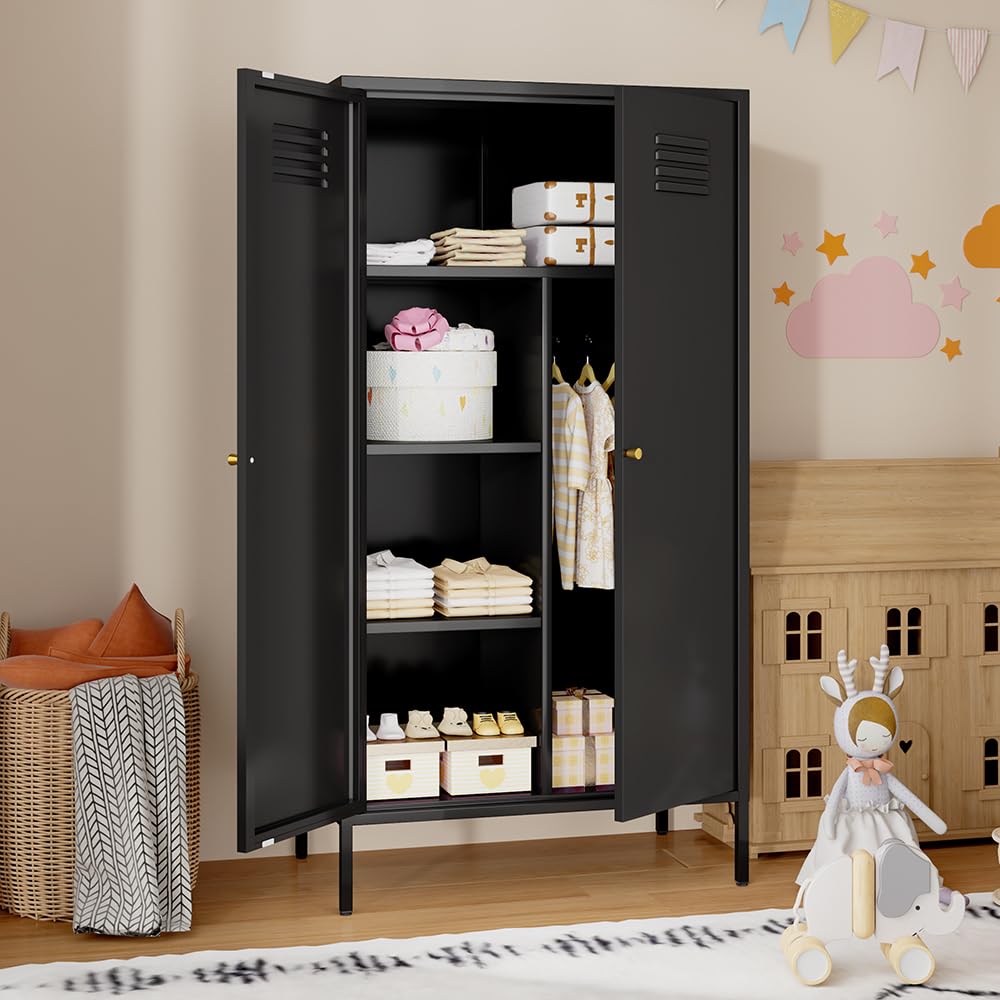 2-Door Steel Wardrobe Closet with Magnetic Closure, Hanging Rod & Laminate Shelves - Tall Metal Storage Cabinet with Legs for Bedroom & Home Organization (Black) | Perfect for Small Spaces, Apartments & Closet Storage Solutions