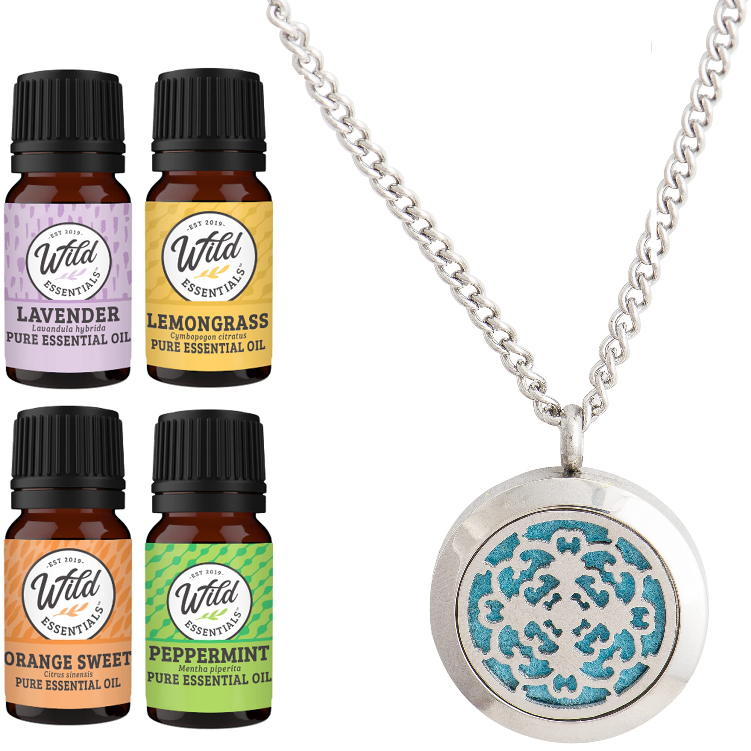 Wild Essentials Cross Necklace Essential Oil Diffuser Kit with Lavender, Lemongrass, Peppermint & Orange Oils - 12 Refill Pads, Calming Aromatherapy Gift Set, Customizable Color Changing Perfume Jewelry - Perfect for Meditation, Yoga, Stress Relief & Home Spa Relaxation