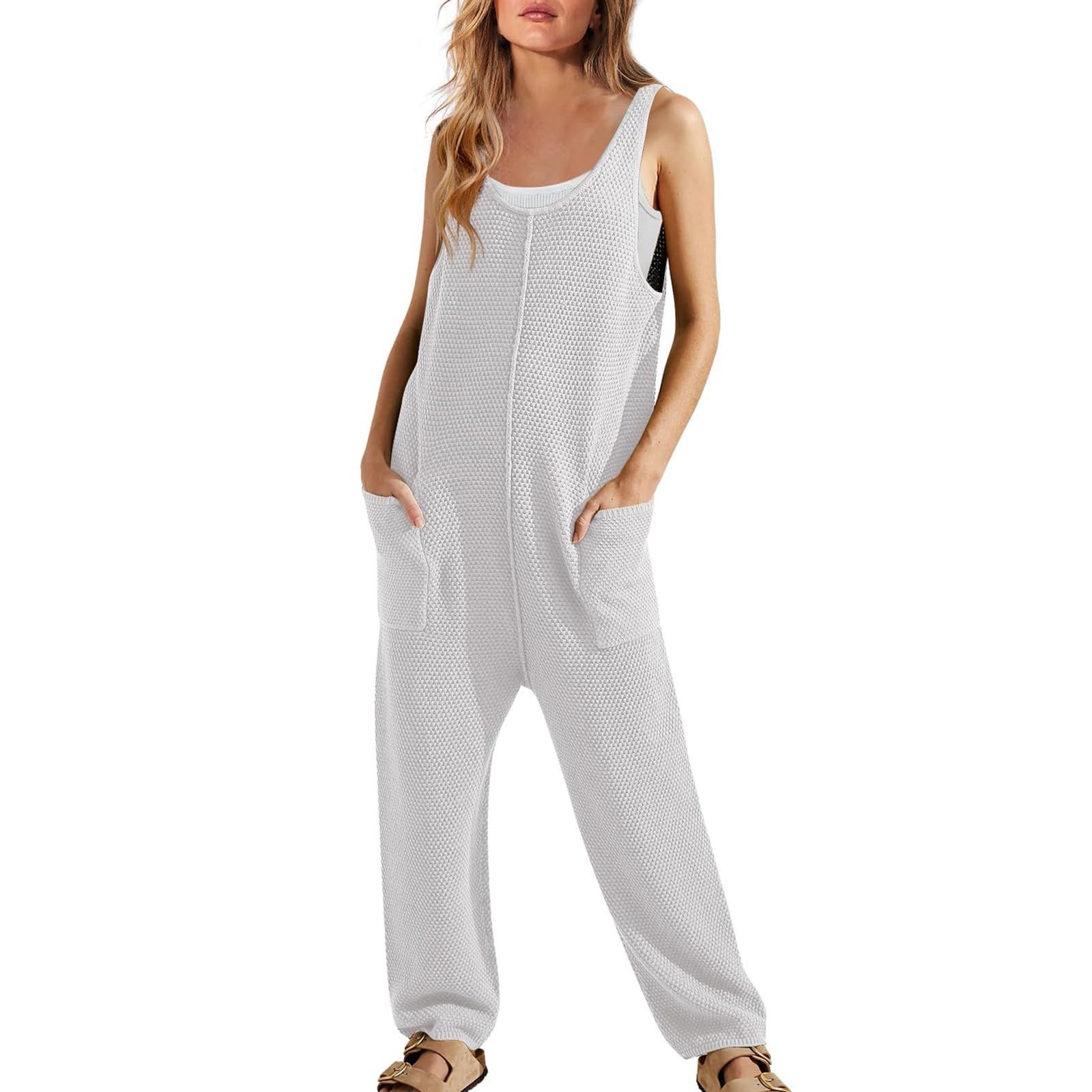 Women's Casual Ribbed Knit Jumpsuit - Sleeveless Romper with Long Pants for Loungewear, Pajamas & Home Comfort | Perfect for Relaxing, Lounging and Sleepwear