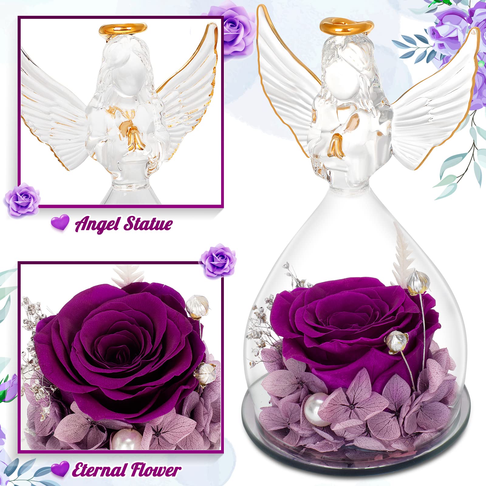 Eternal Purple Rose Angel Figurine - Preserved Flower Gift for Mother's Day, Birthday, Grandma & Women | Home Decor, Keepsake & Sentimental Present