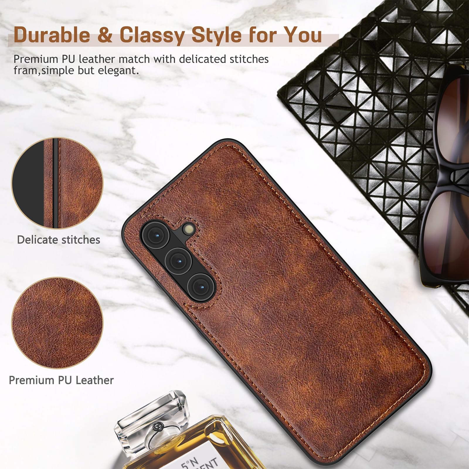 Premium Leather Luxury Business PU Case for Samsung Galaxy S24+ Plus 5G (6.7 inch 2024) - Shockproof Non-Slip Grip Full Body Protective Cover - Brown - Perfect for Office, Travel & Daily Use