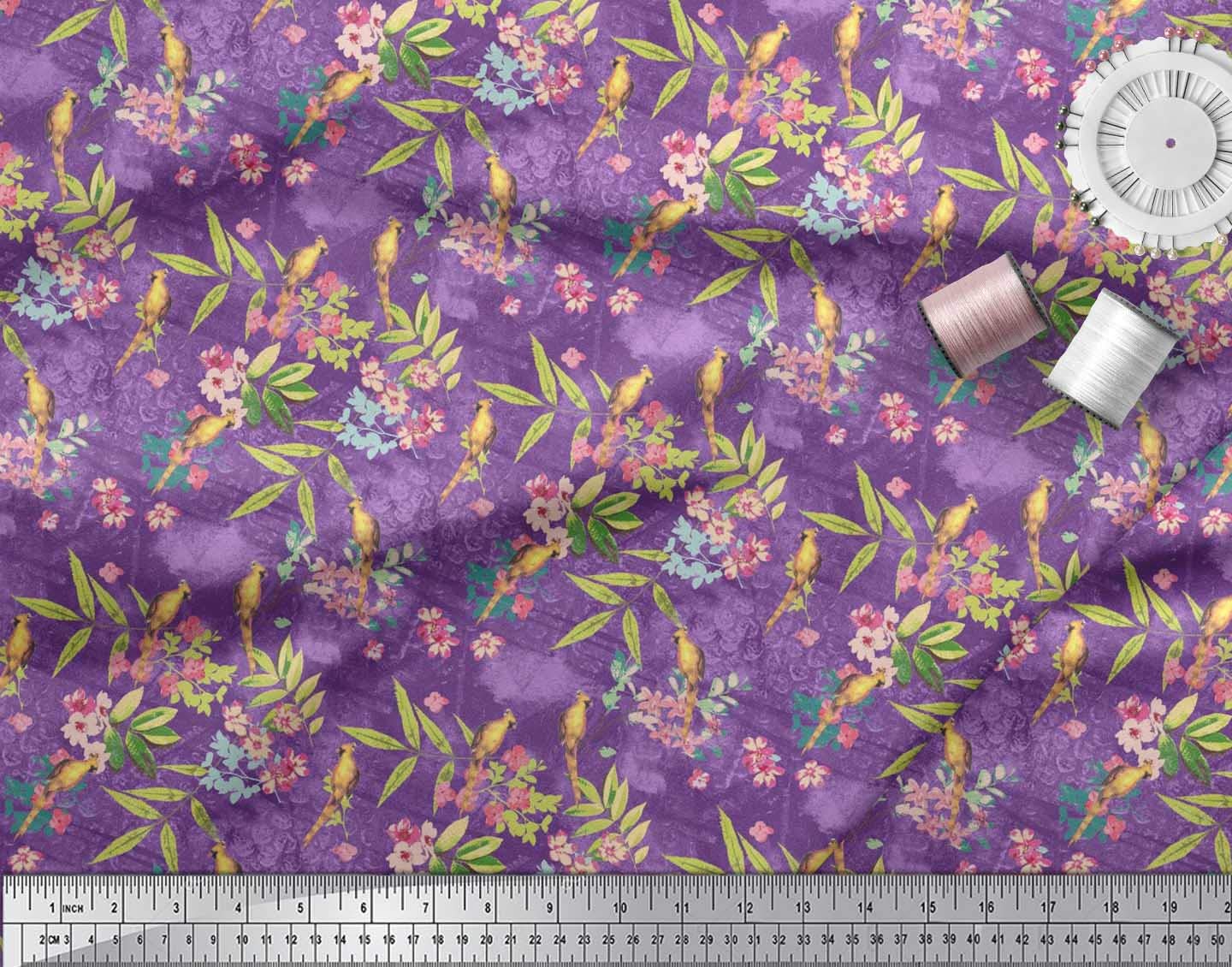 Soimoi Cotton Jersey Fabric - Purple Floral Leaves & Yellow Cardinals - for Sewing & DIY Crafts