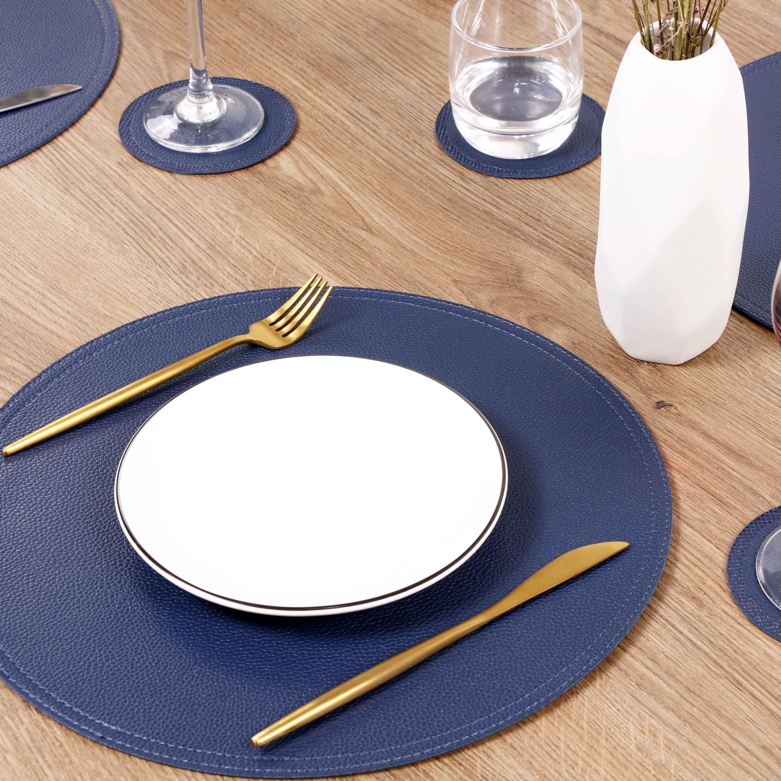 Jovono Navy Faux Leather Round Placemats and Coasters Set - Waterproof & Easy Clean Table Mats for Kitchen, Dining, Coffee Tables - Perfect for Home Decor, Parties, and Daily Use