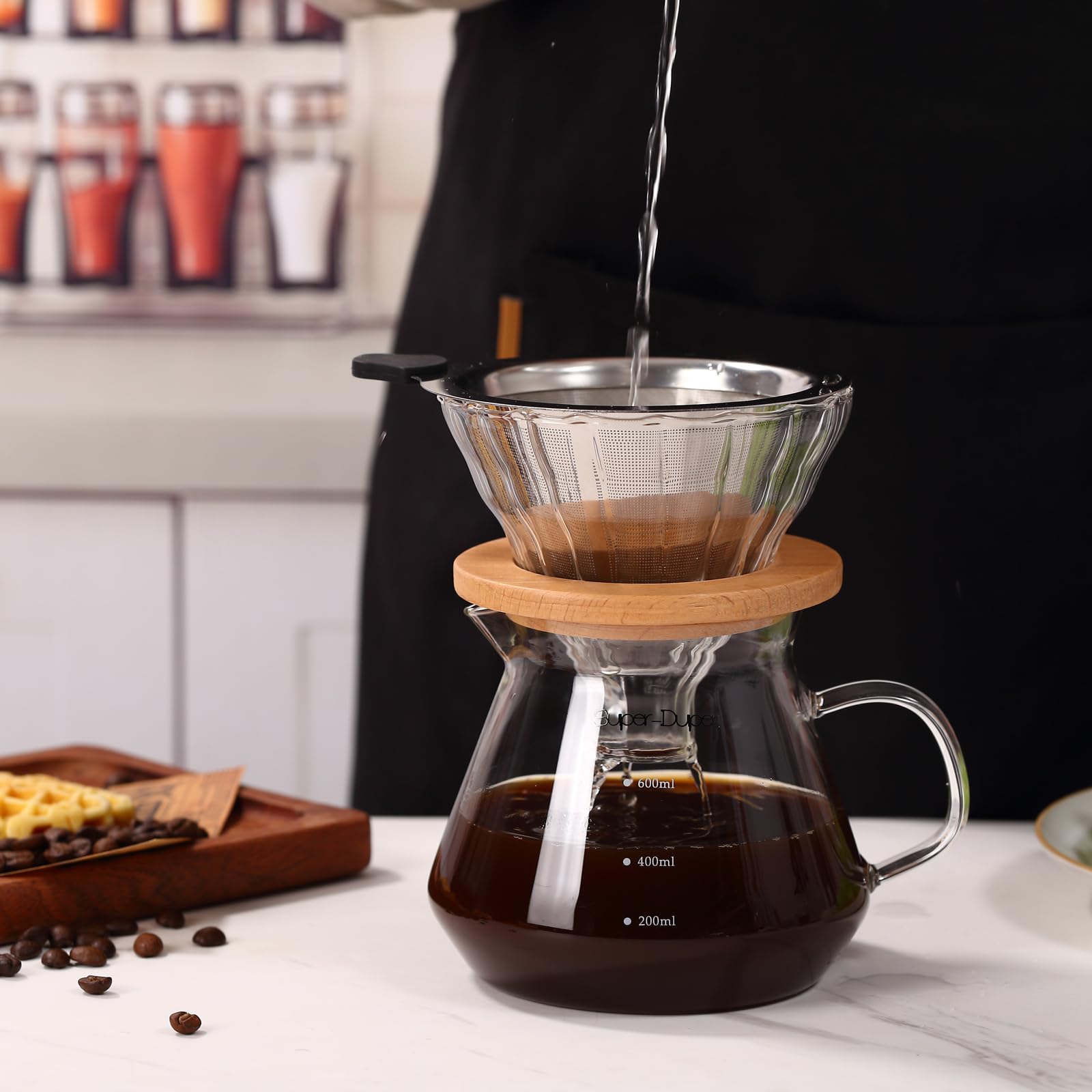 Premium 600ml Glass Coffee Maker - High Borosilicate Glass with Stainless Steel Filter - Manual Pour Over Coffee Carafe (Non-Electric) - Perfect for Home Brewing, Office Use & Camping Trips