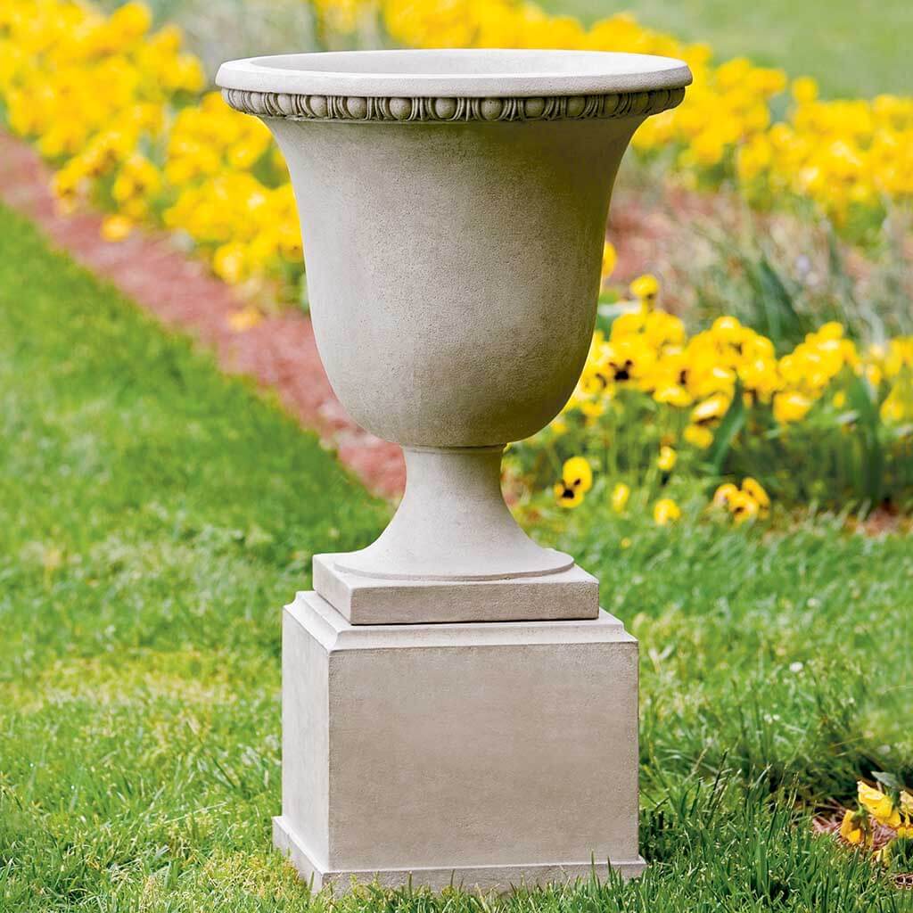 Campania International Williamsburg Egg and Dart Urn with Classic Short Pedestal - Elegant Garden Urn for Outdoor Decor, Patio, Porch, and Landscape Design