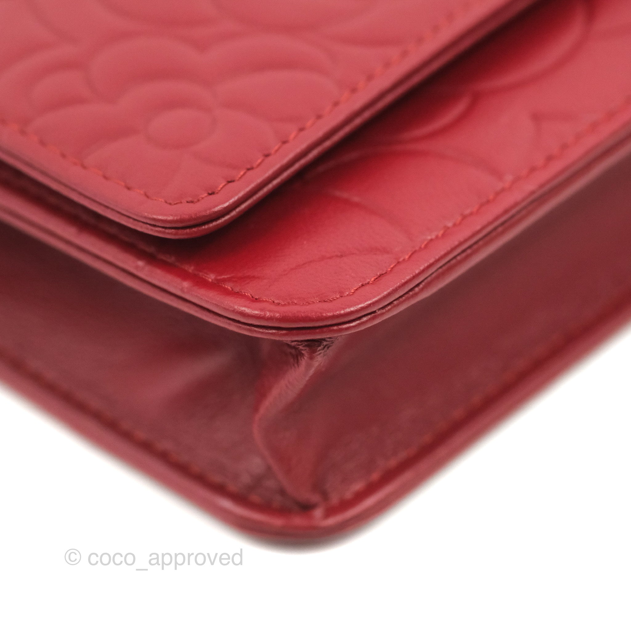 Chanel Camellia Embossed Wallet on Chain WOC in Red Lambskin with Silver Hardware - Luxury Crossbody Bag for Women, Perfect for Evening Events & Date Nights
