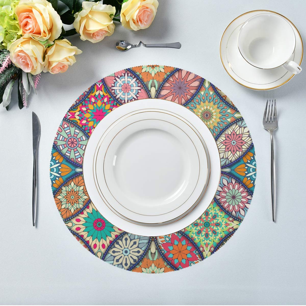 Boho Round Placemats Set of 1 - Washable Polyester Table Mats with Mandala Design for Dining & Kitchen Decor | Perfect for Home, Restaurant, and Party Use