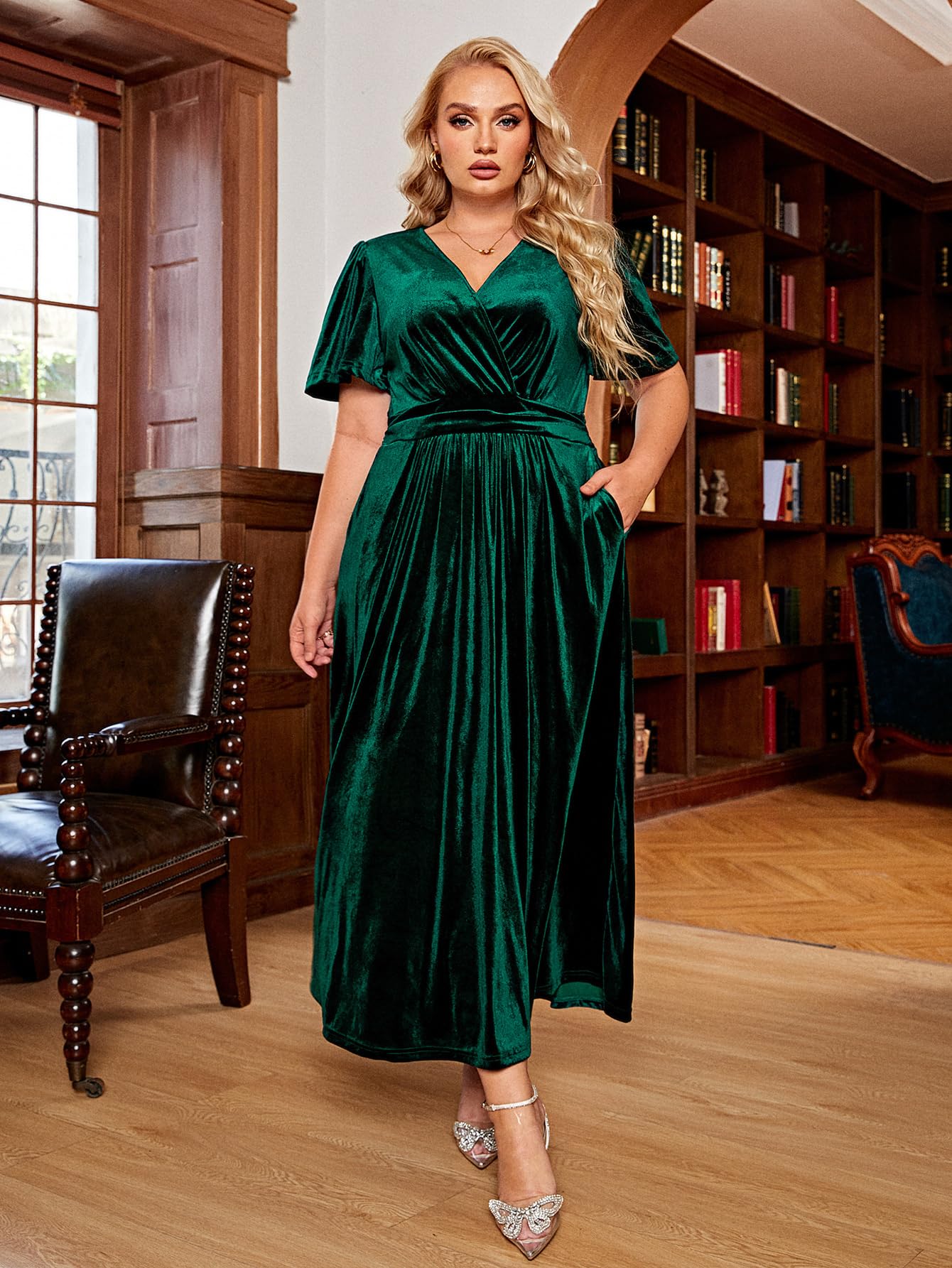 BerryGo Women's Plus Size Velvet Formal Dress for Wedding Guest - High Waisted Maternity Maxi Dress with V Neck & Slit | Elegant Evening Gown for Parties, Bridesmaid, Cocktail Events & Special Occasions