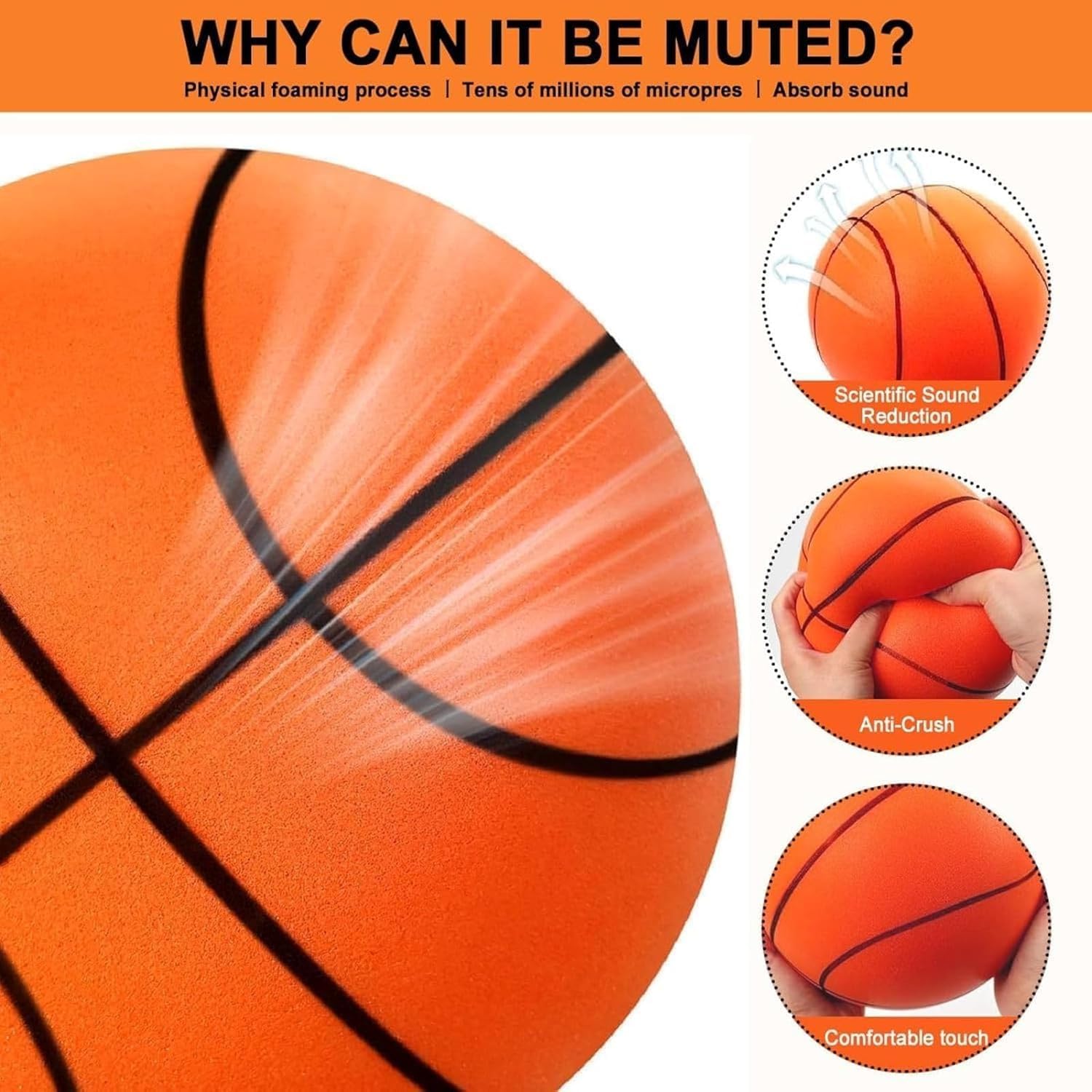 2025 Upgraded Silent Basketball - No.7 Size (9.4 Inch) Indoor Foam Training Ball for Quiet Dribbling Practice | Perfect for Apartment Living, Late Night Training & Noise-Sensitive Areas