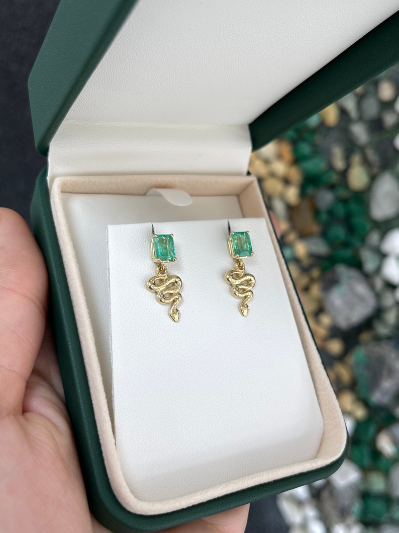 2.10tcw 14K Gold Natural Emerald Snake Dangle Stud Earrings for Women - Elegant Jewelry Gift for Birthday, Anniversary & Special Occasions